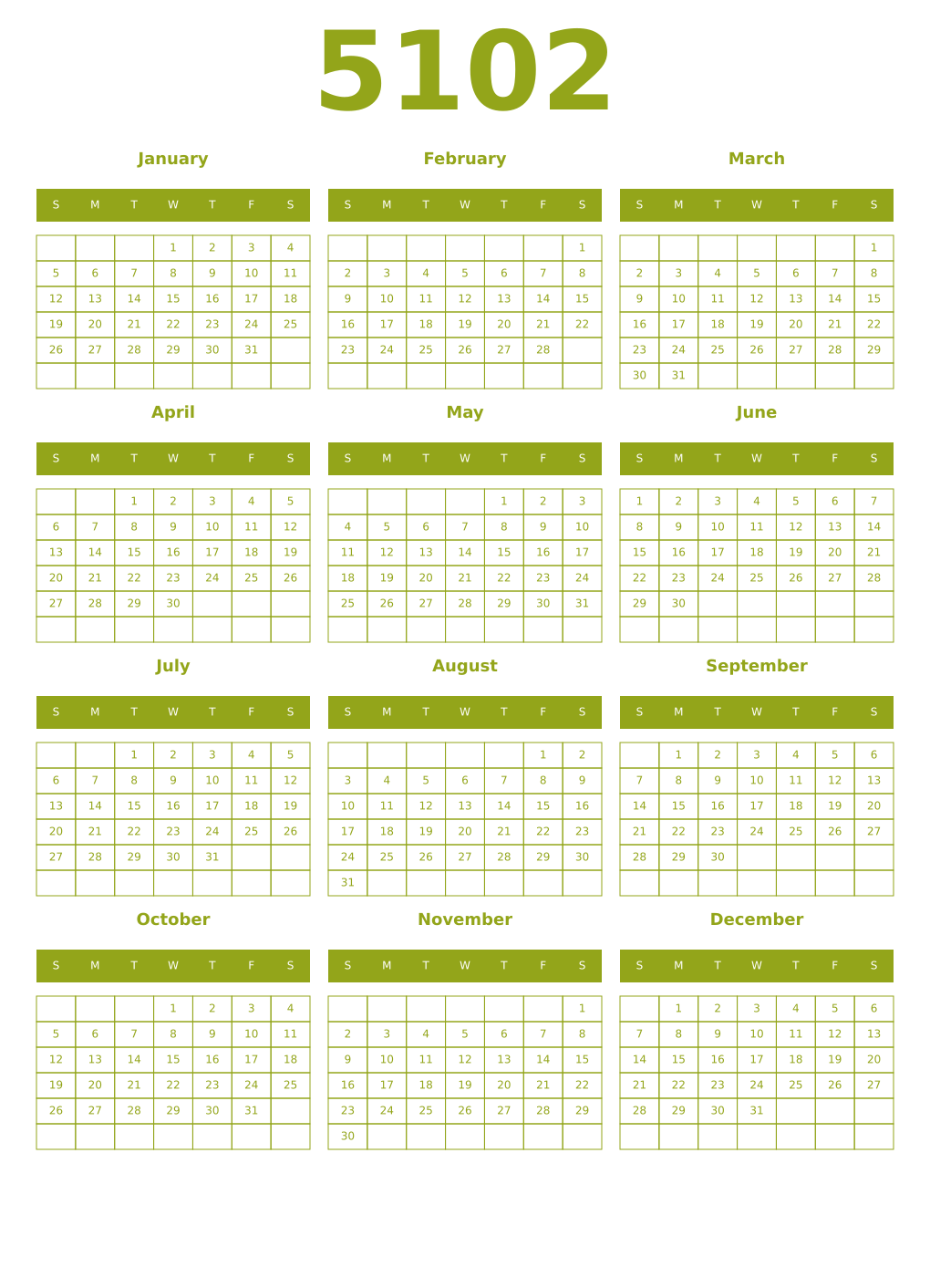 Printable 5102 Year Calendars chartreuse