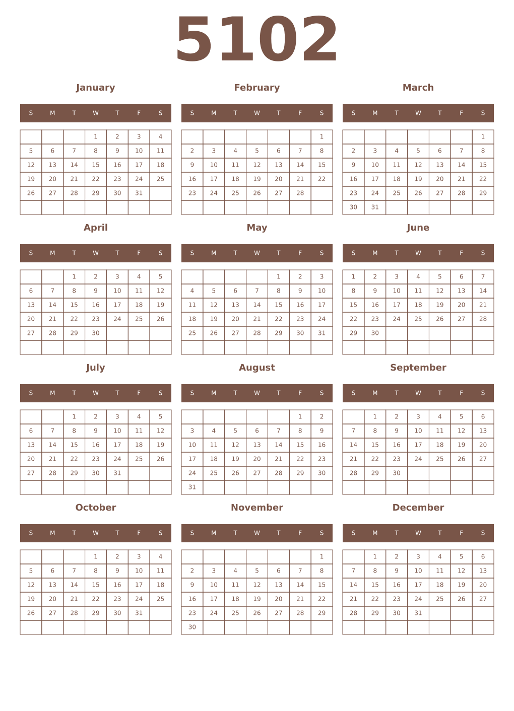 Printable 5102 Year Calendars coffe