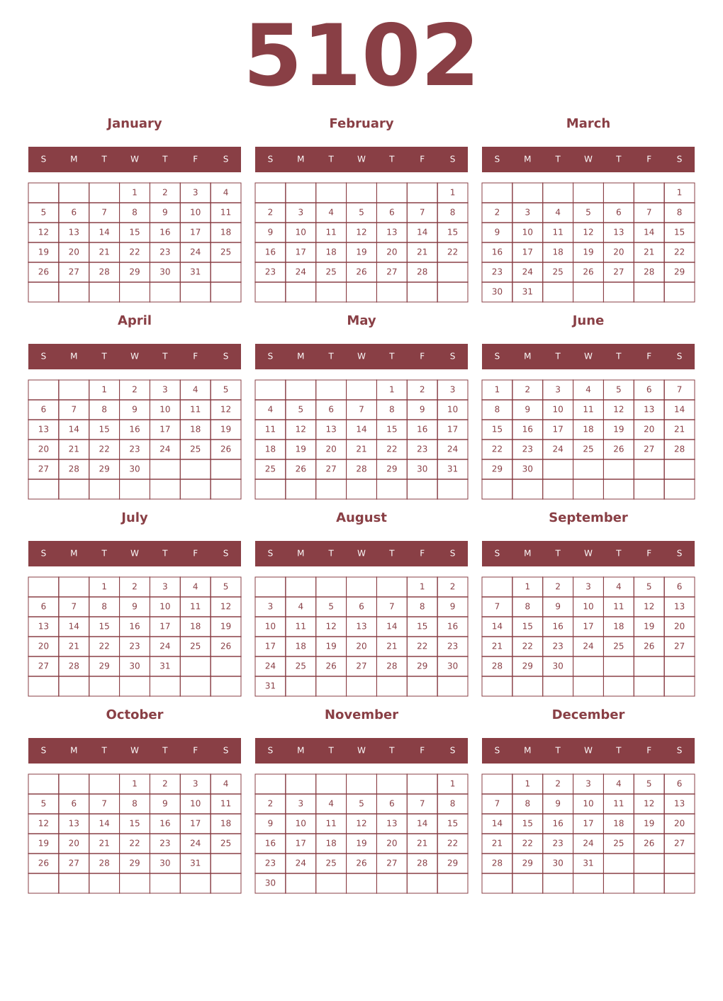 Printable 5102 Year Calendars cordovan