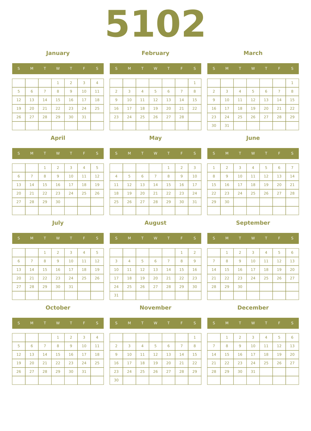 Printable 5102 Year Calendars eburnean