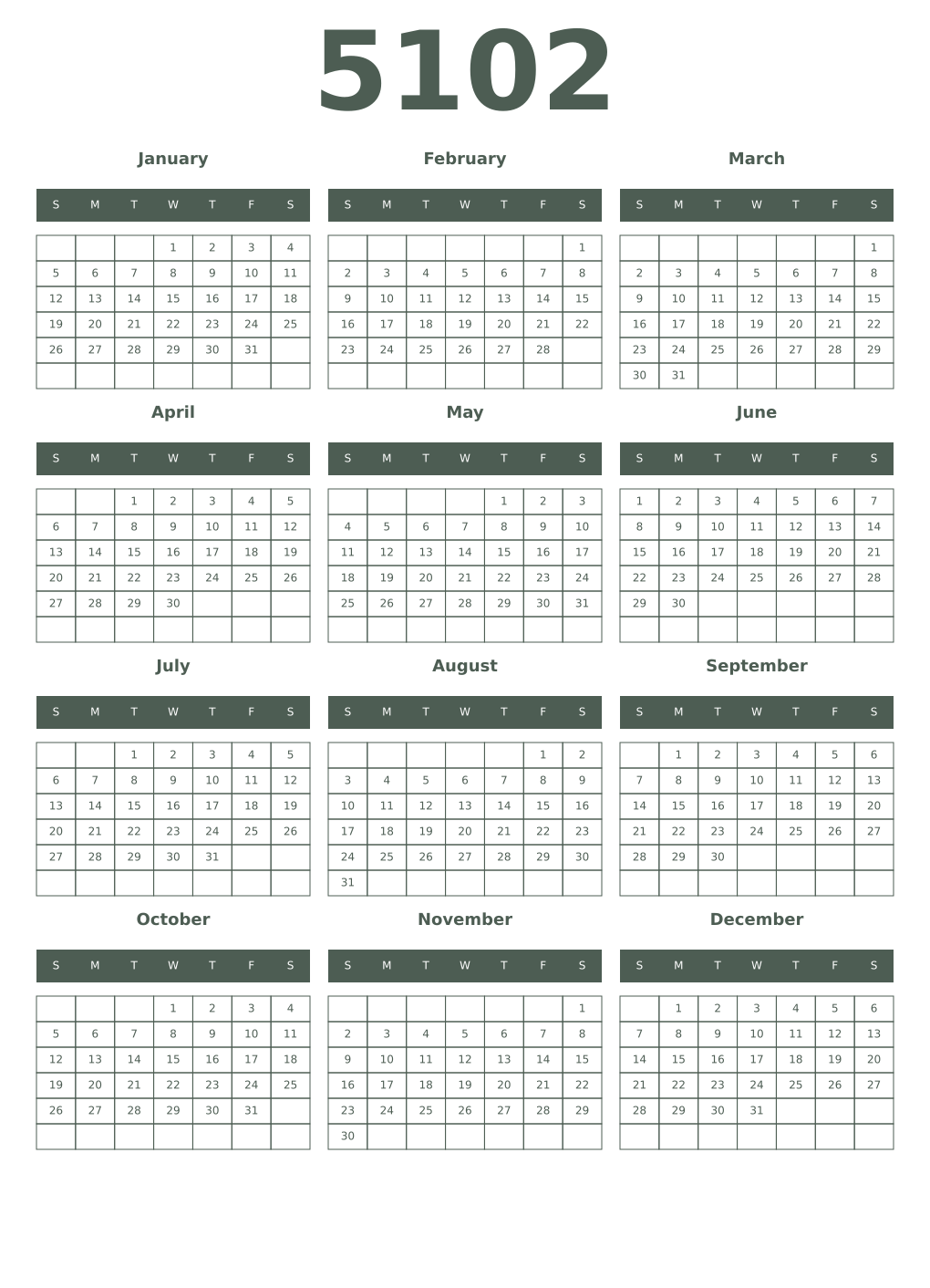 Printable 5102 Year Calendars feldgrau