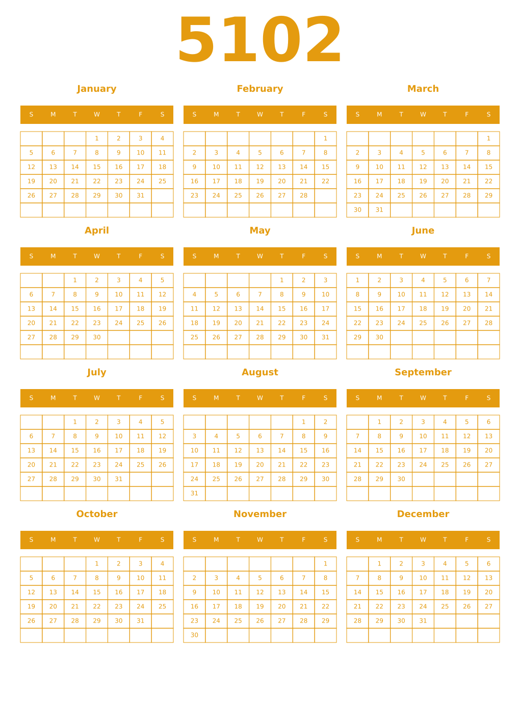 Printable 5102 Year Calendars gamboge