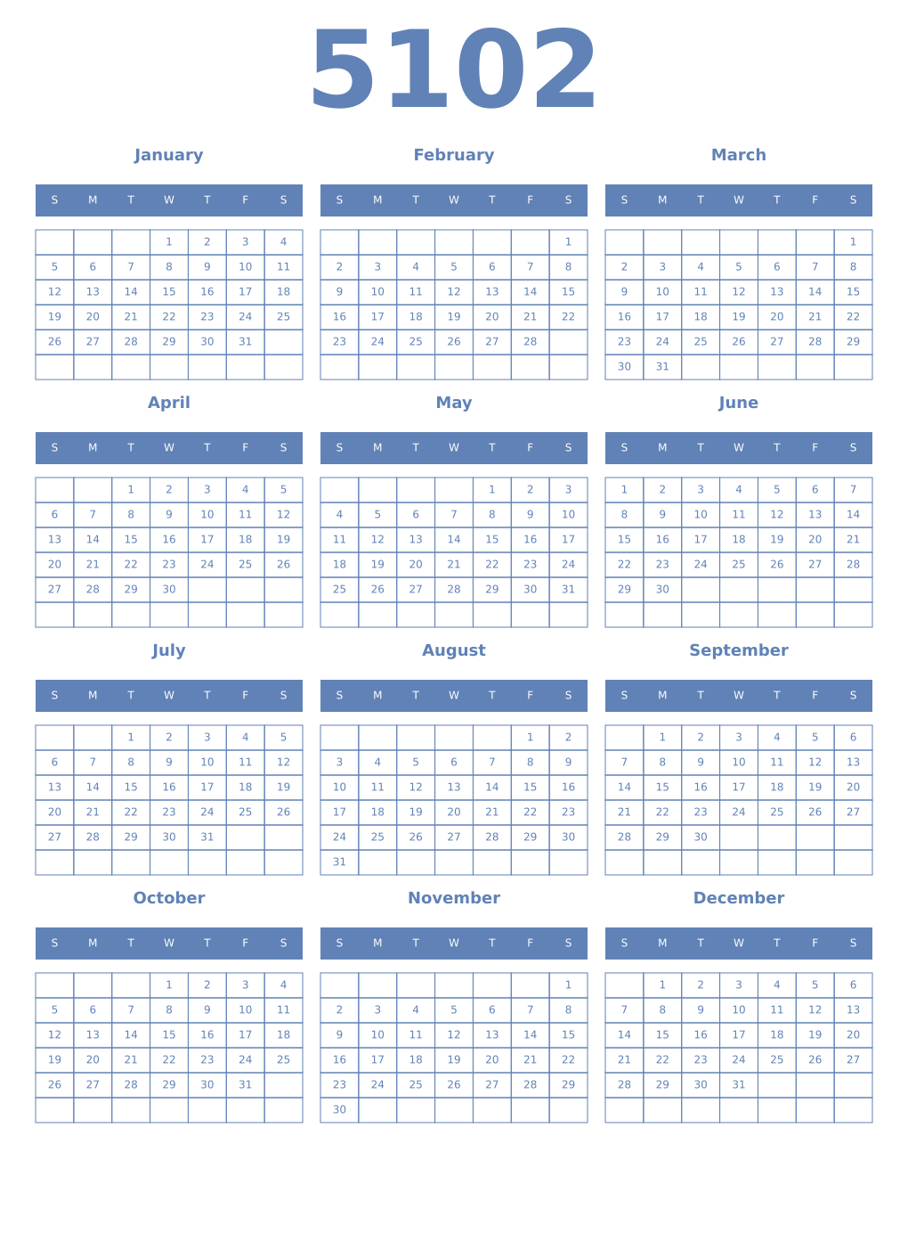 Printable 5102 Year Calendars glaucous