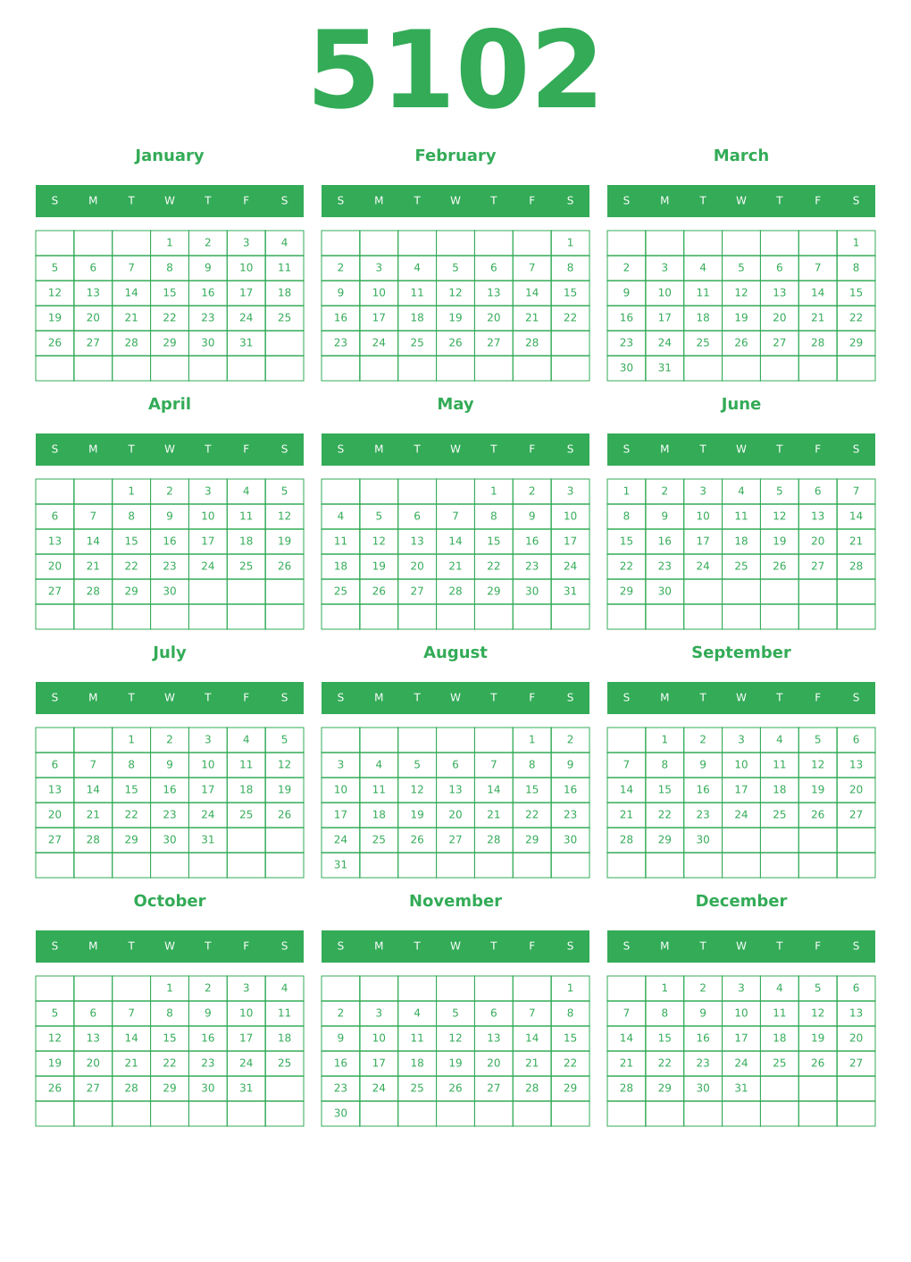 Printable 5102 Year Calendars green