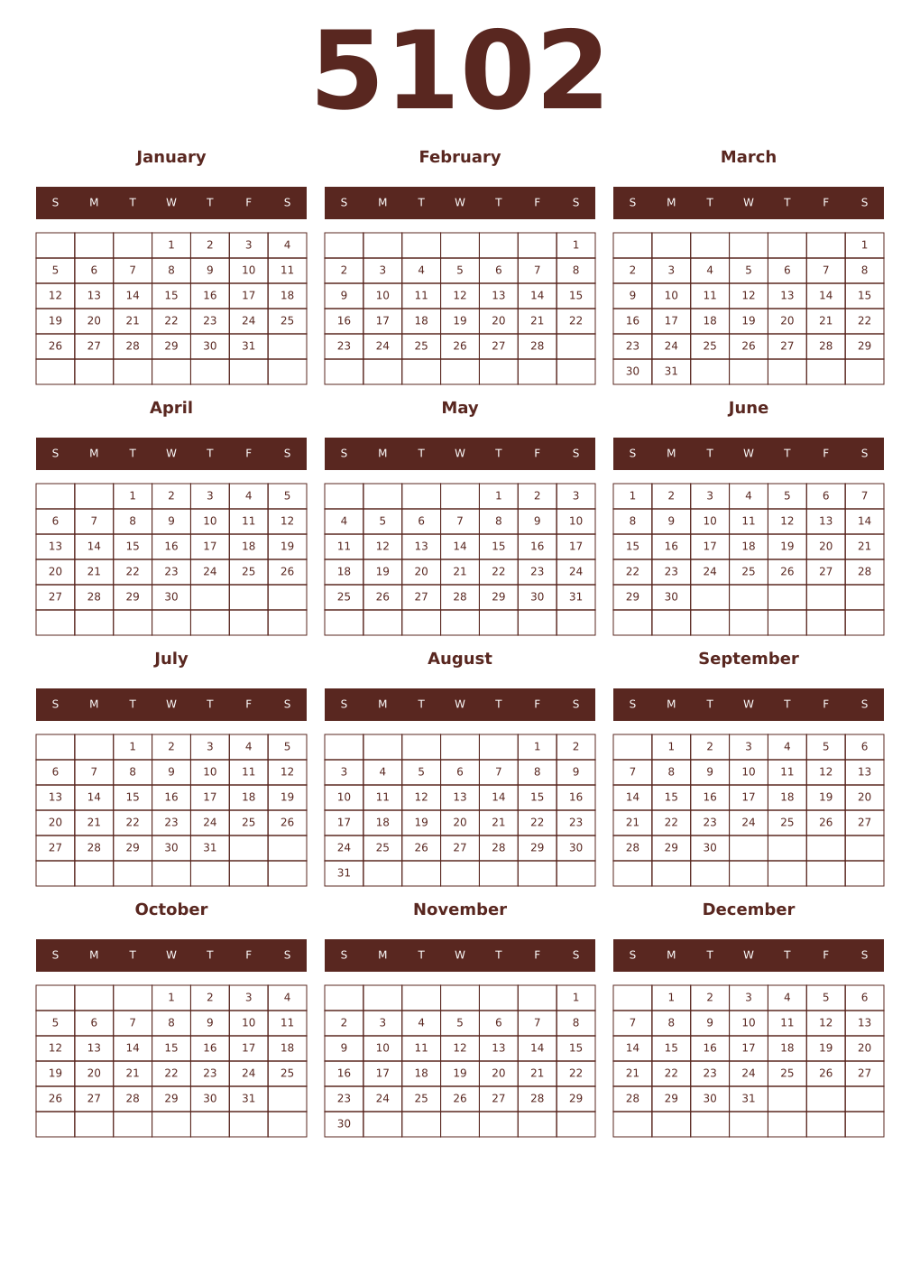 Printable 5102 Year Calendars mortuum