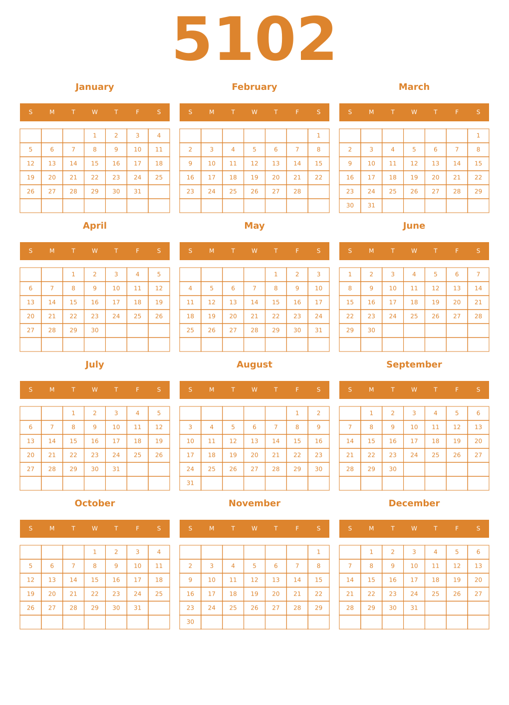 Printable 5102 Year Calendars orange