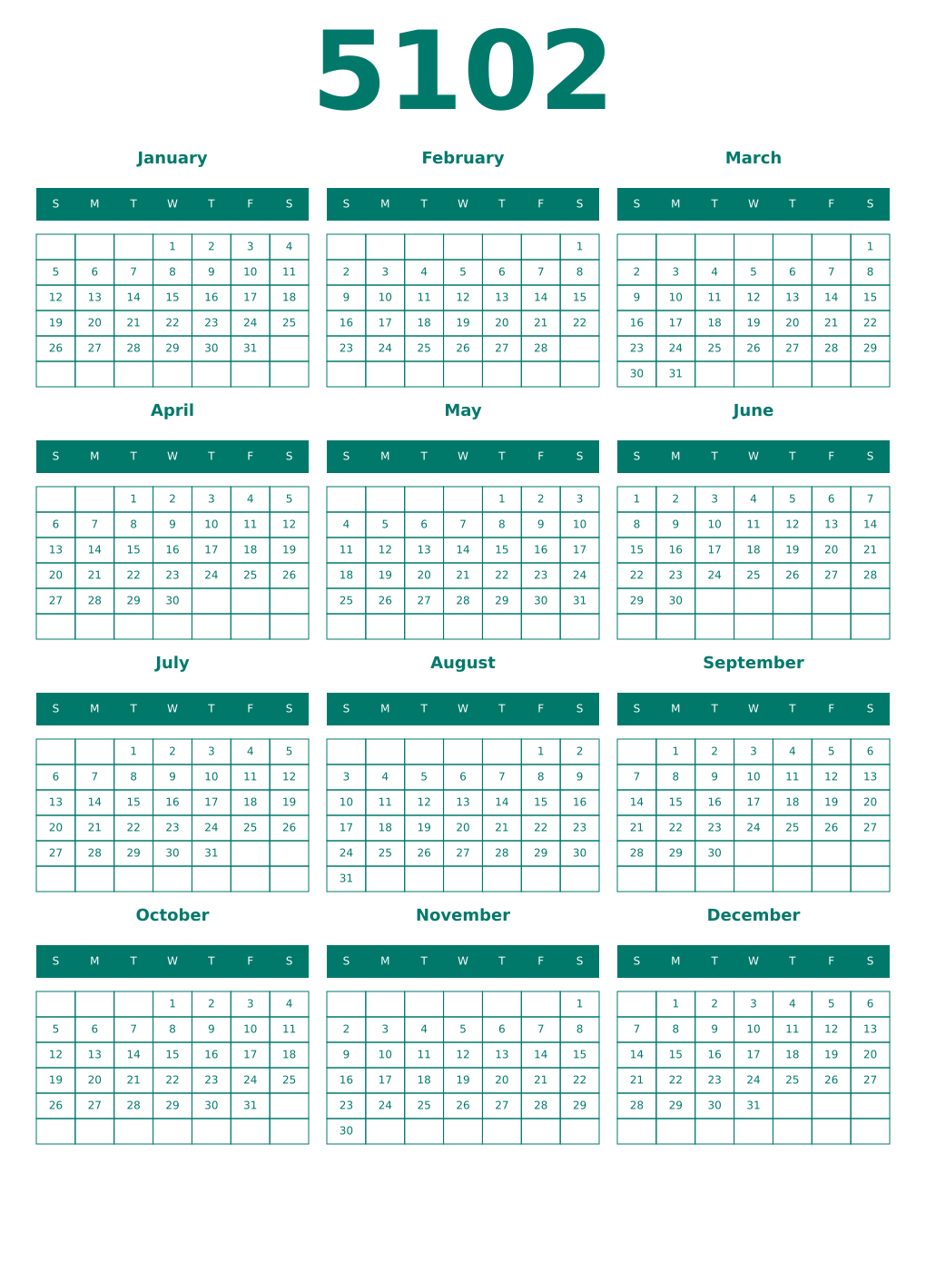 Printable 5102 Year Calendars pastel