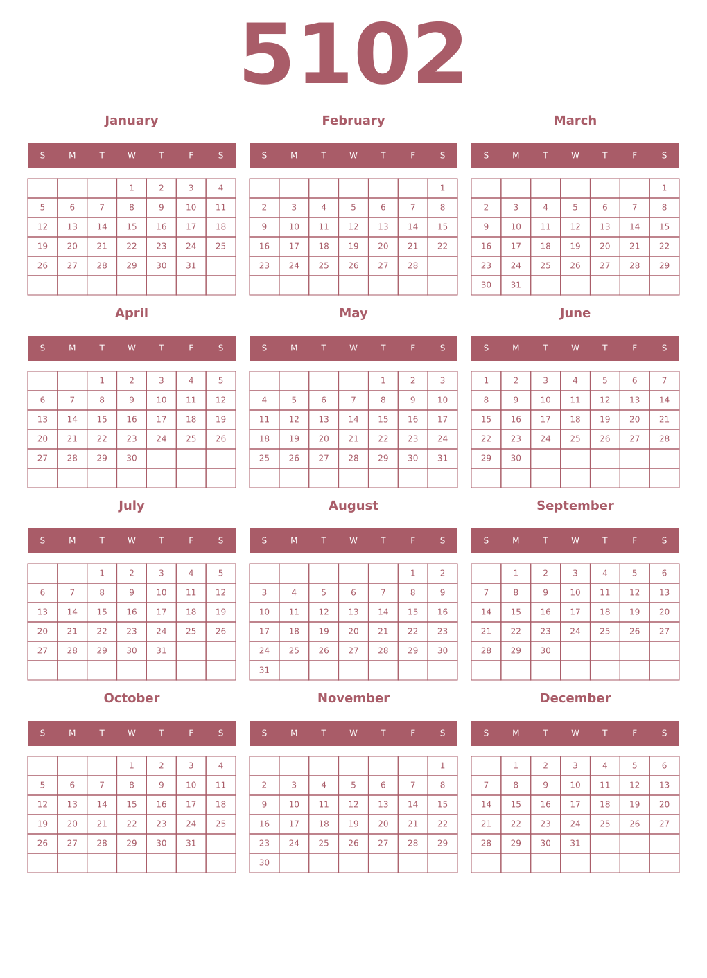 Printable 5102 Year Calendars puce