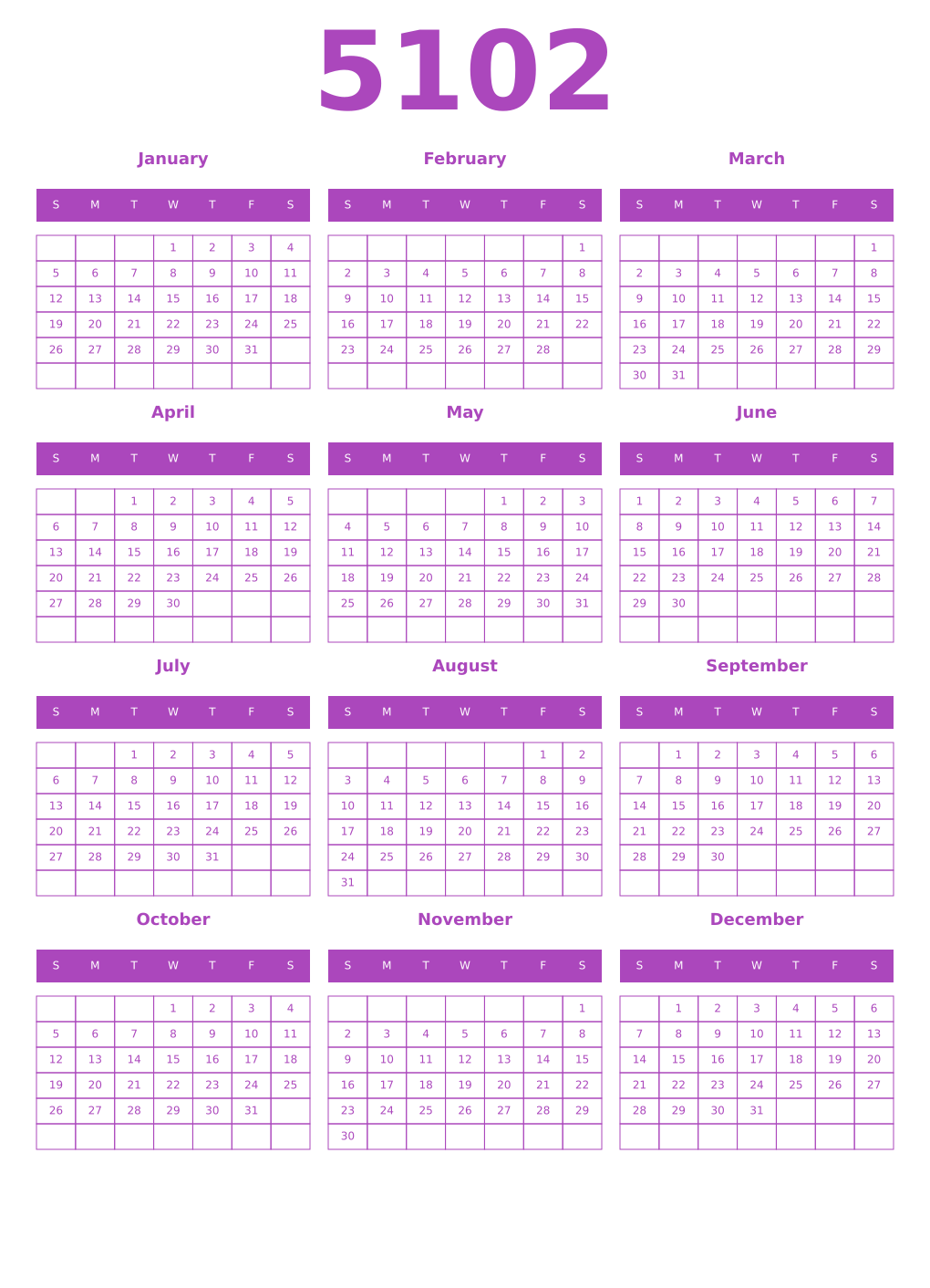 Printable 5102 Year Calendars purple