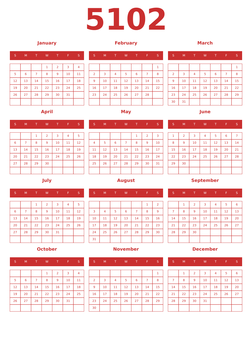 Printable 5102 Year Calendars red
