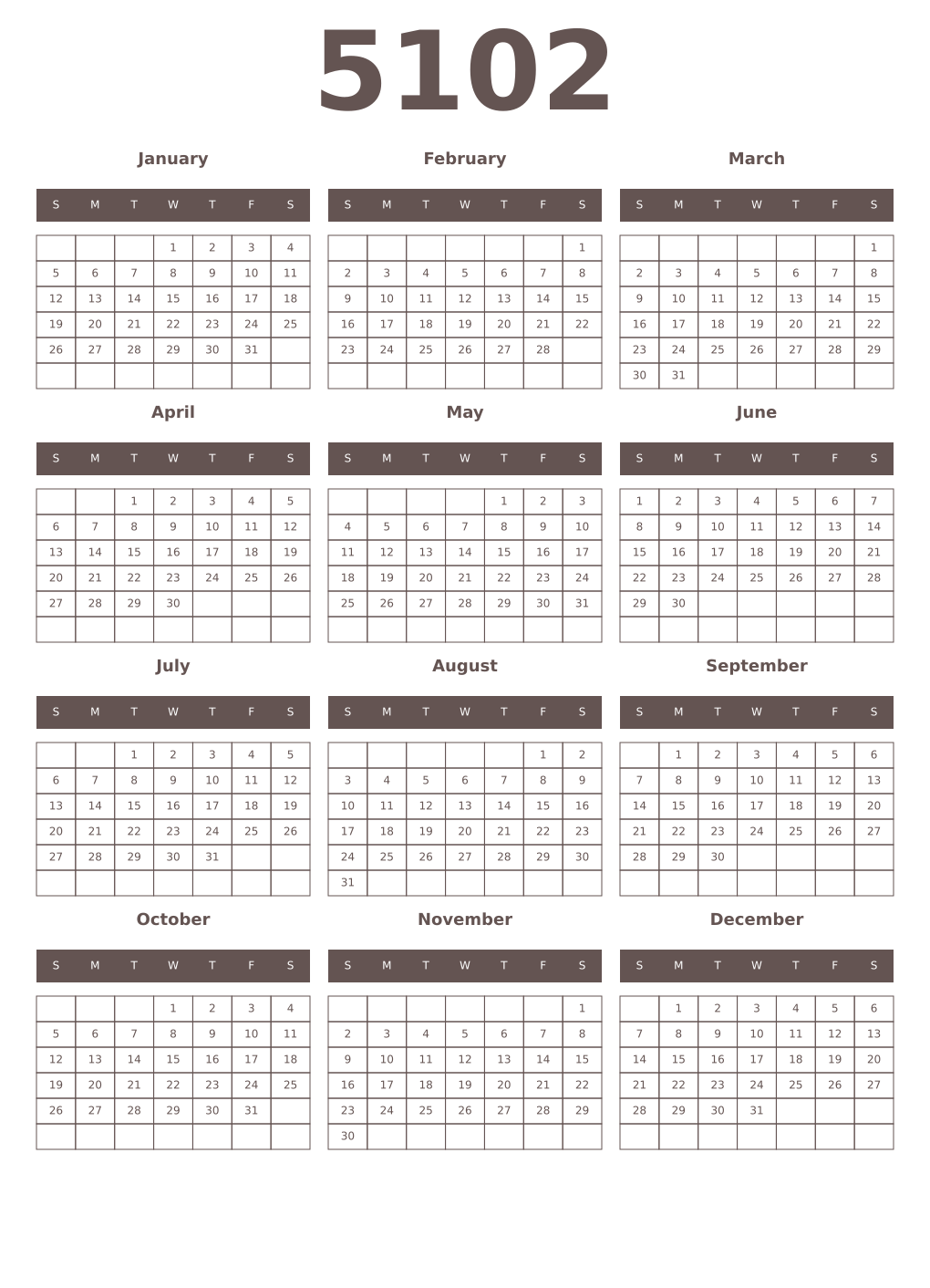 Printable 5102 Year Calendars wenge