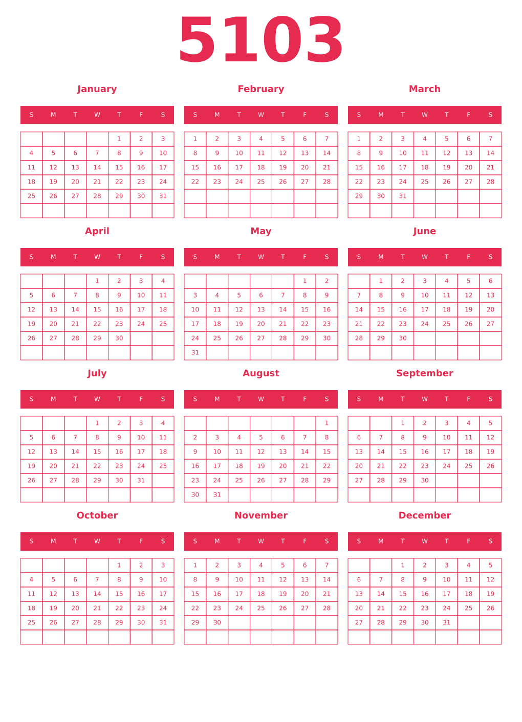 Printable 5103 Year Calendars amaranth