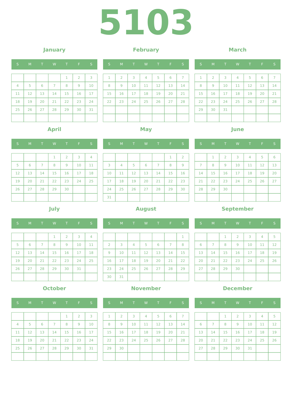 Printable 5103 Year Calendars celadon