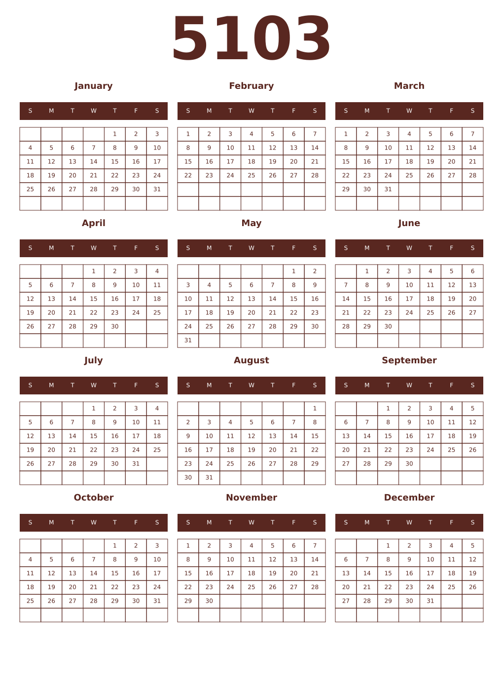 Printable 5103 Year Calendars mortuum