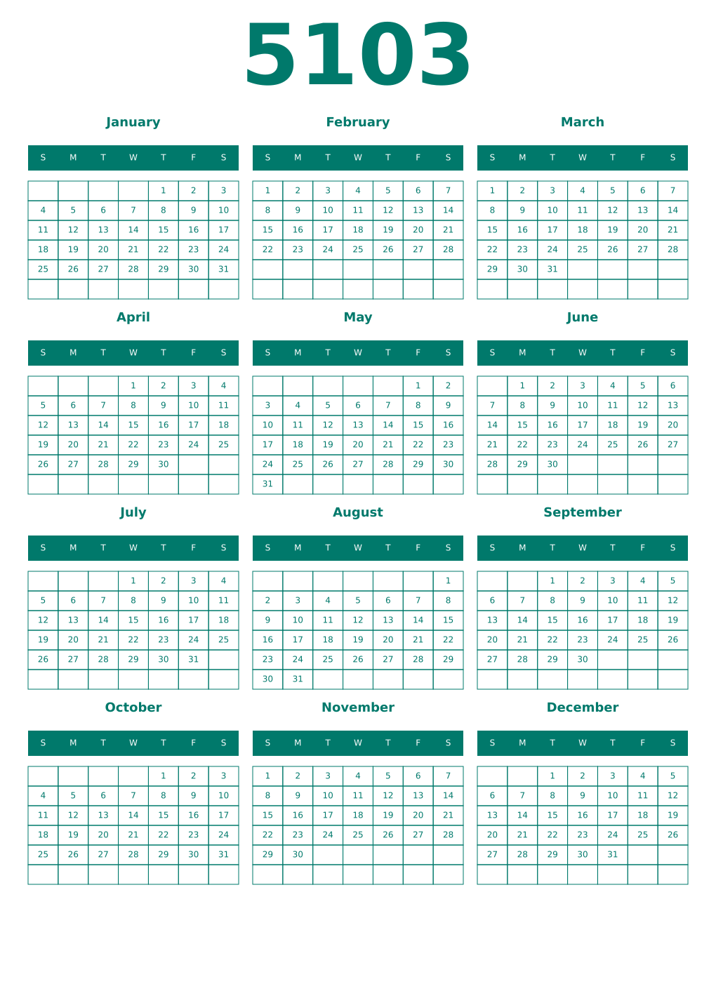 Printable 5103 Year Calendars pastel