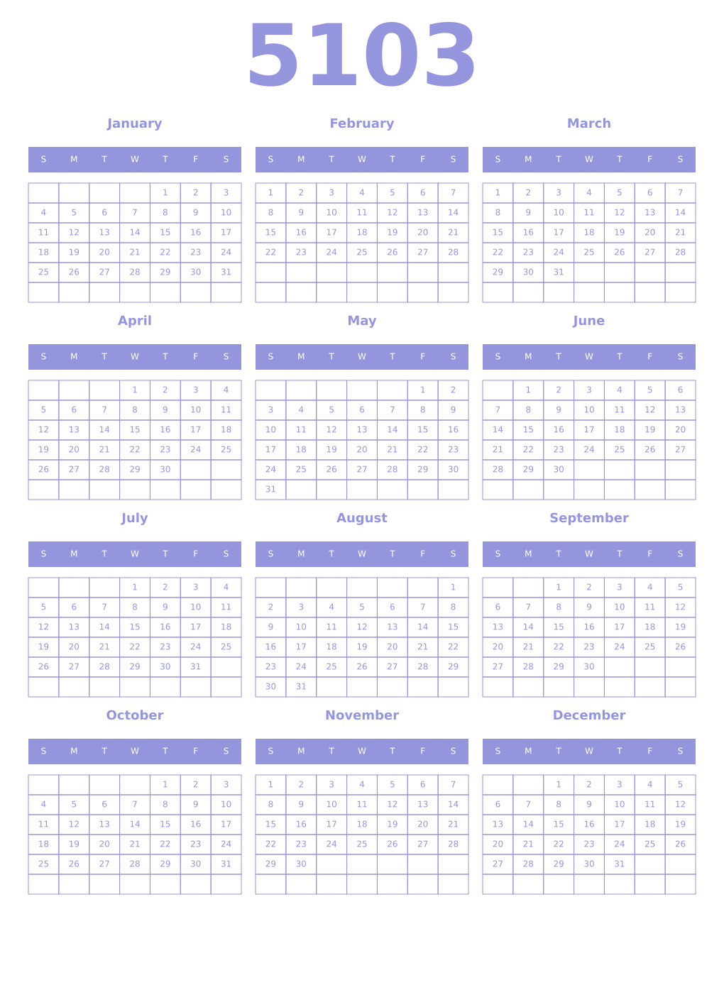 Printable 5103 Year Calendars periwinkle