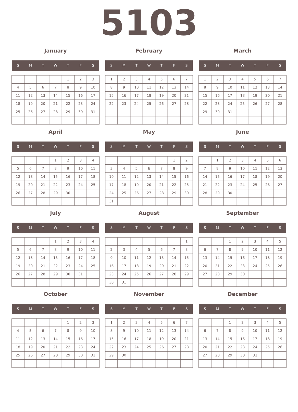 Printable 5103 Year Calendars wenge