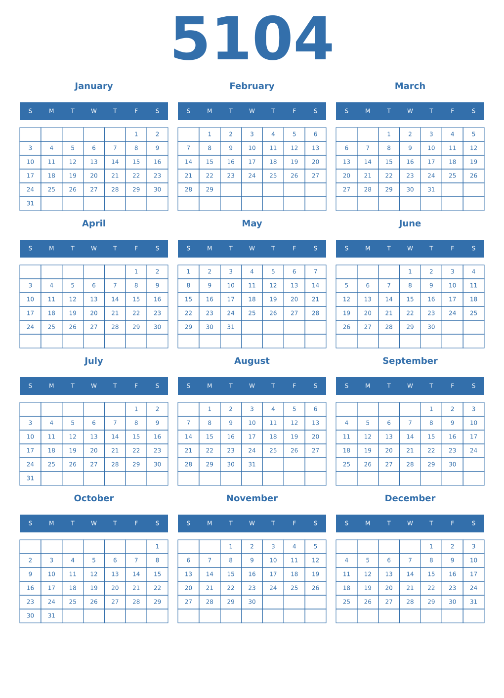 Printable 5104 Year Calendars blue