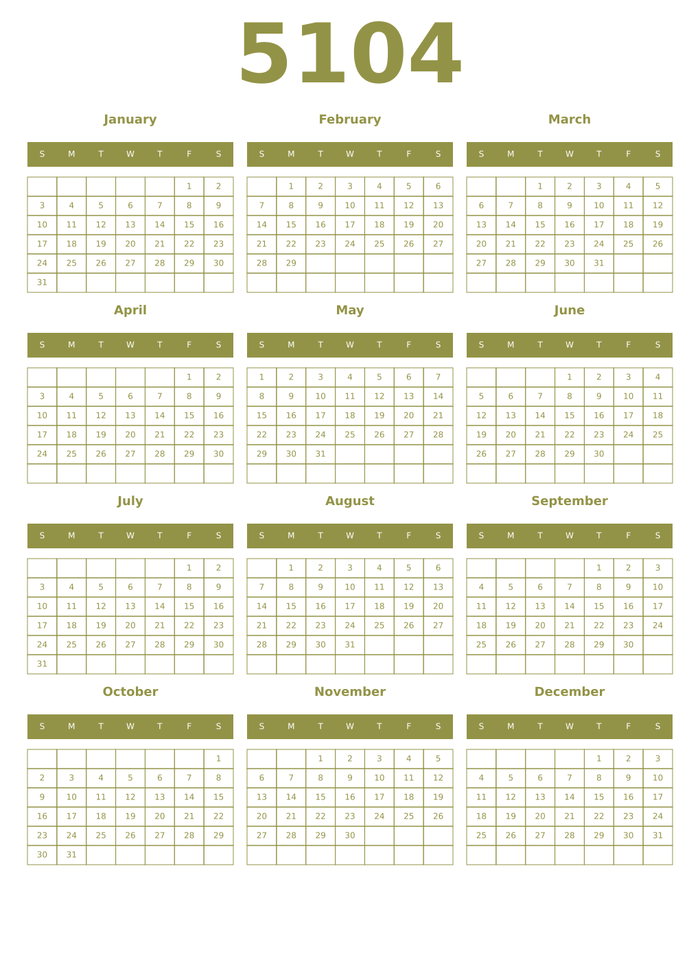 Printable 5104 Year Calendars eburnean