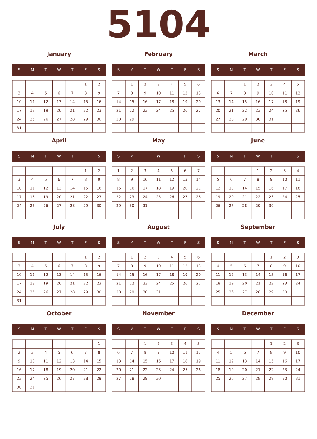 Printable 5104 Year Calendars mortuum