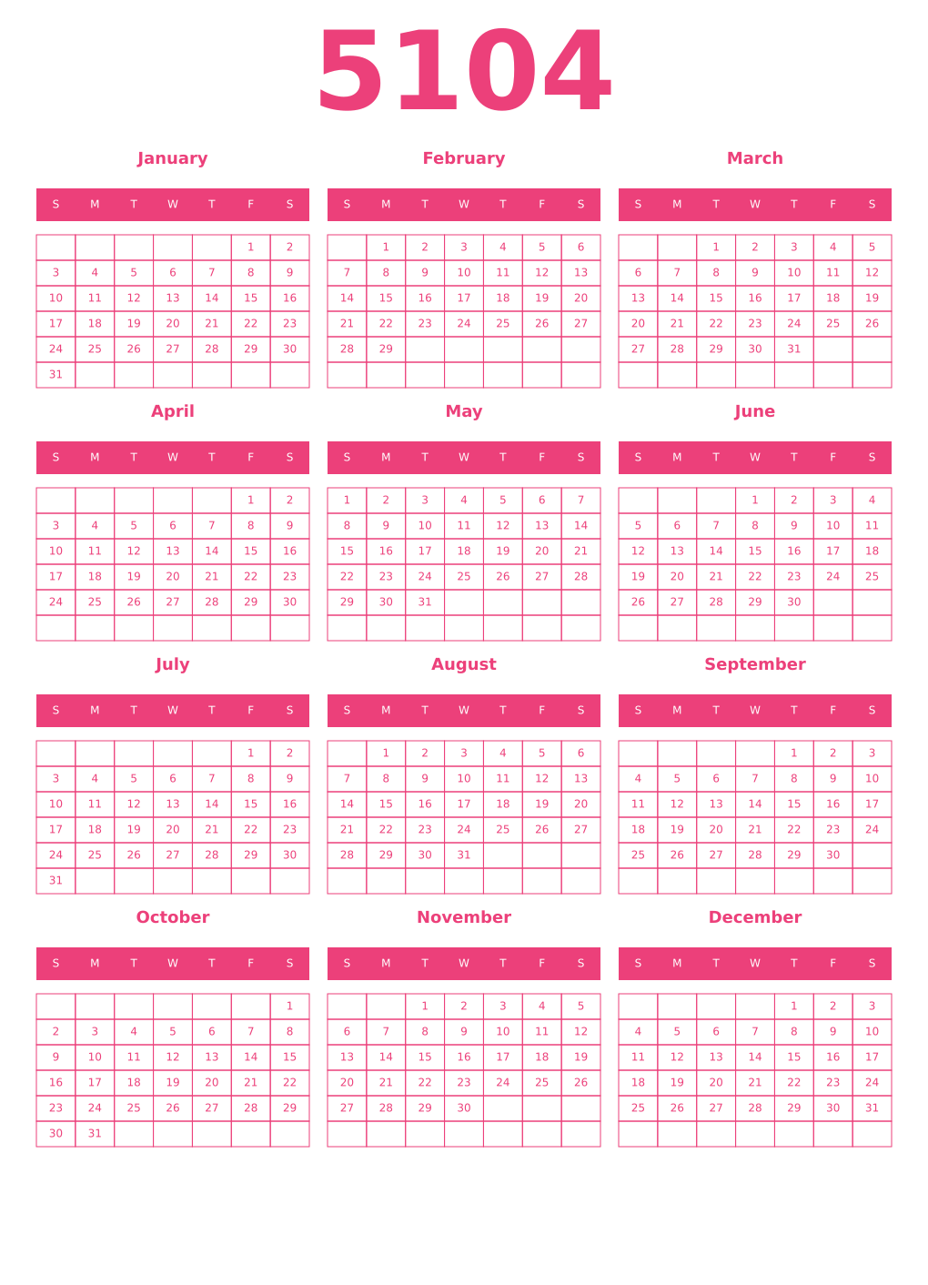Printable 5104 Year Calendars pink