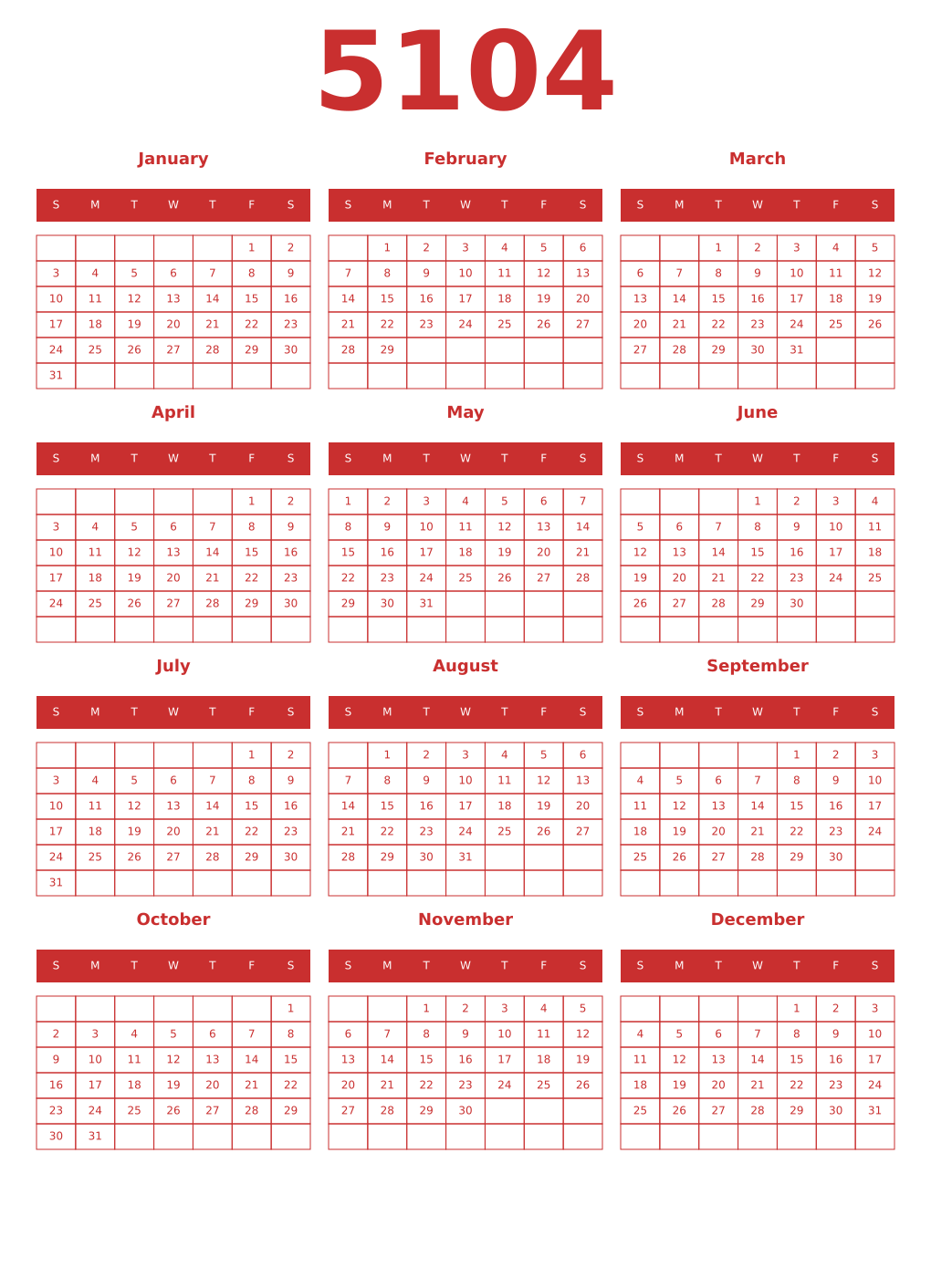Printable 5104 Year Calendars red