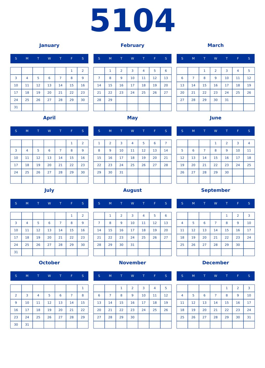 Printable 5104 Year Calendars smalt