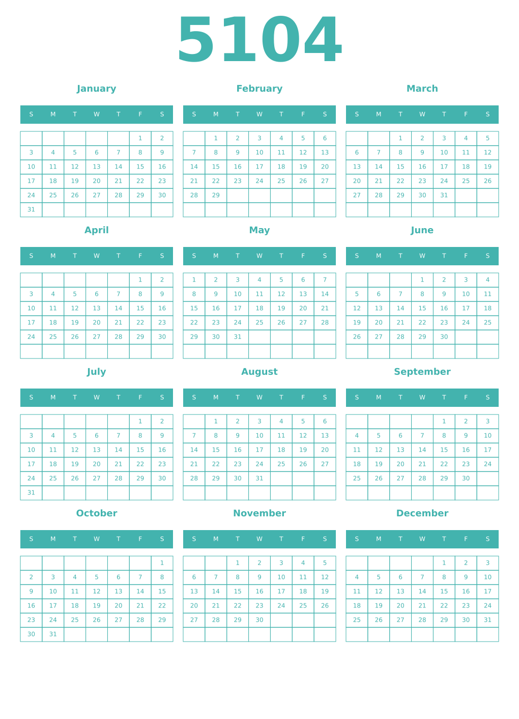 Printable 5104 Year Calendars verdigris