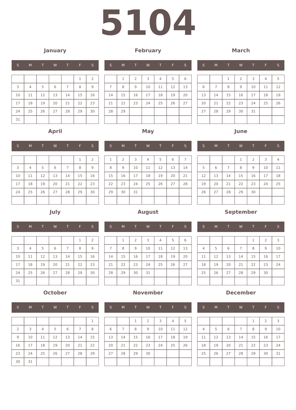 Printable 5104 Year Calendars wenge