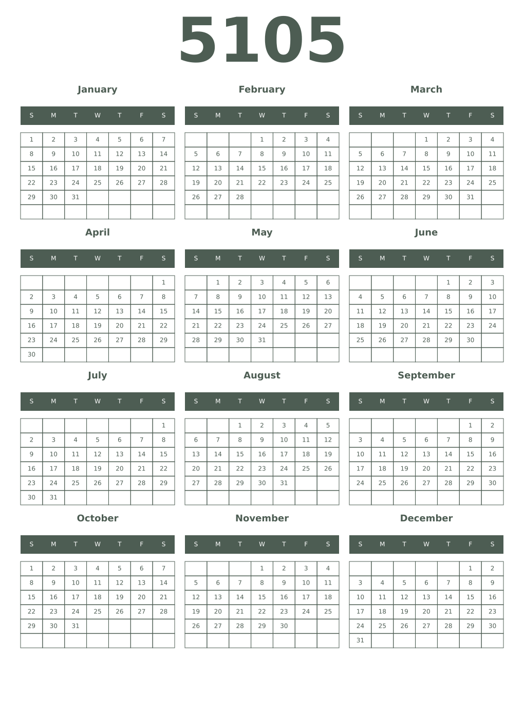 Printable 5105 Year Calendars feldgrau