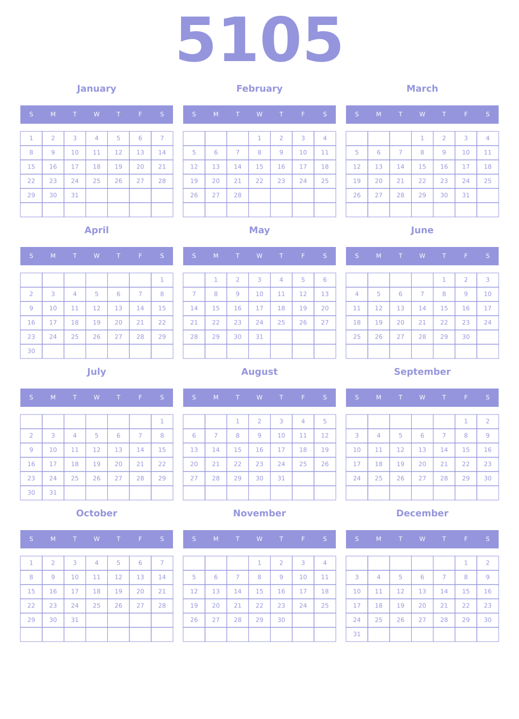 Printable 5105 Year Calendars periwinkle