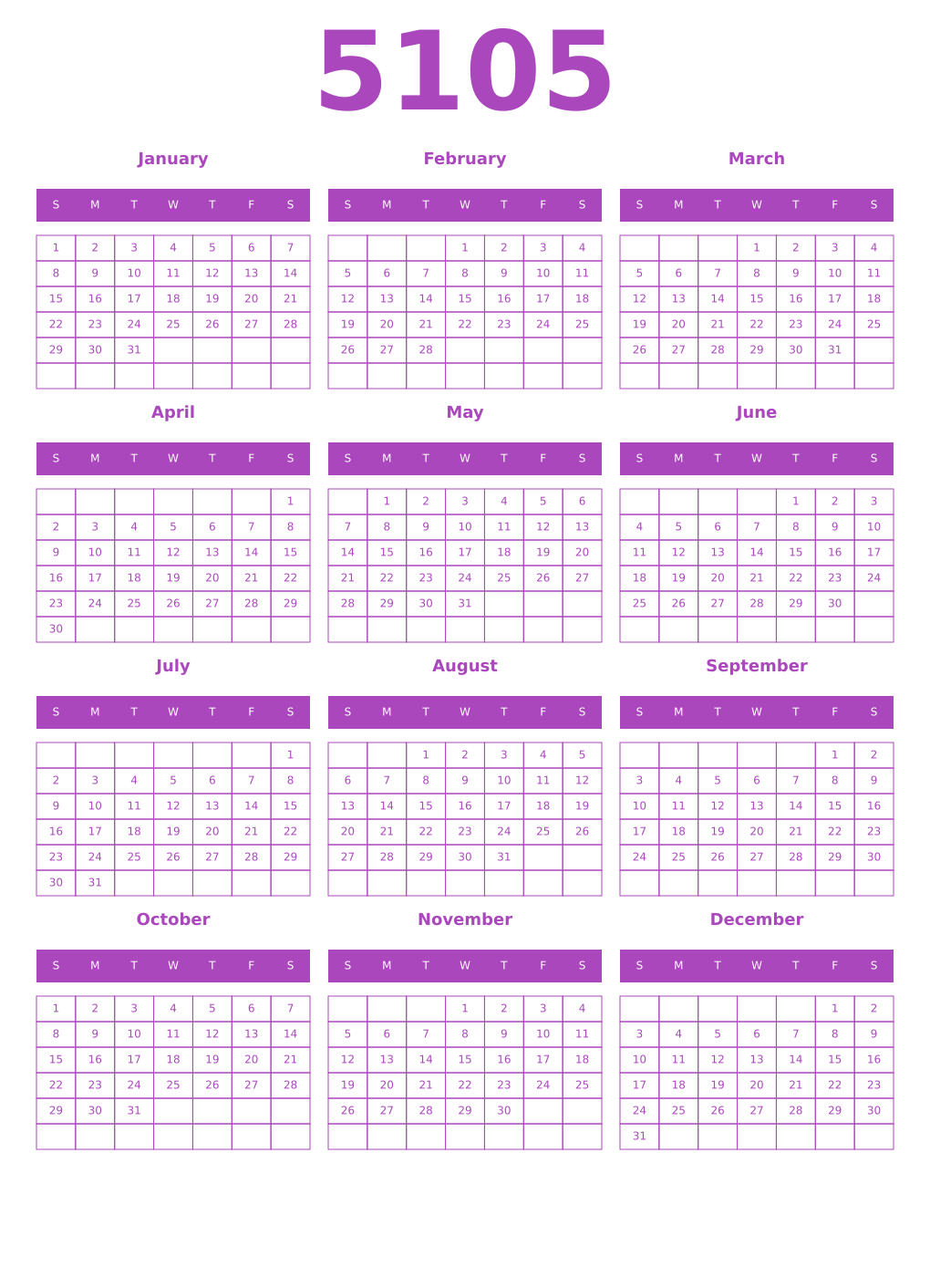 Printable 5105 Year Calendars purple