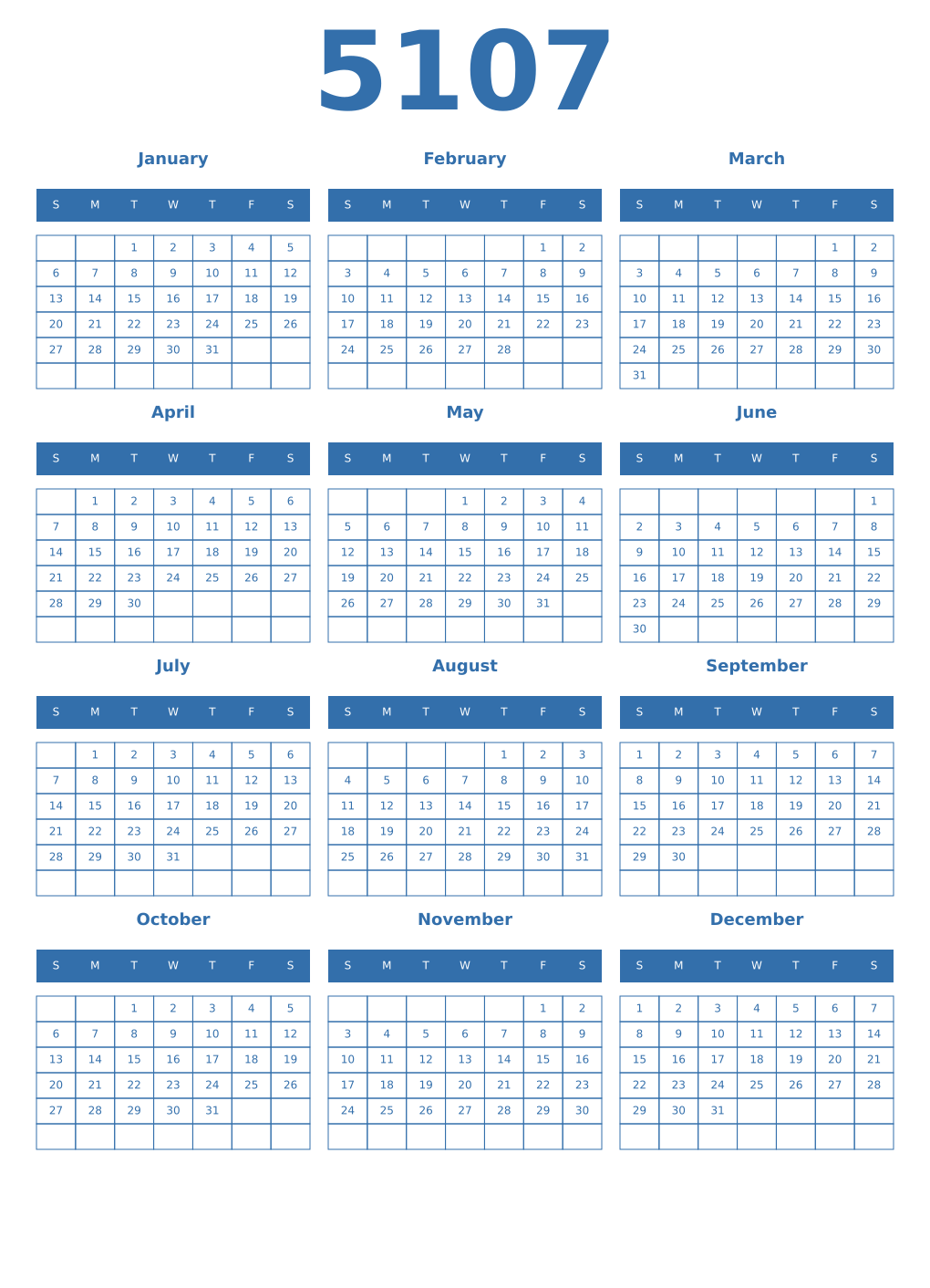 Printable 5107 Year Calendars blue