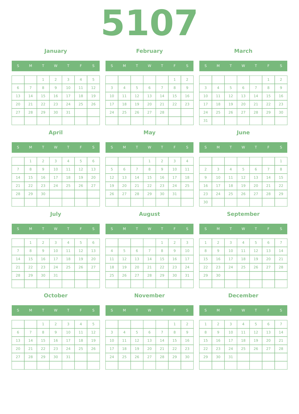 Printable 5107 Year Calendars celadon