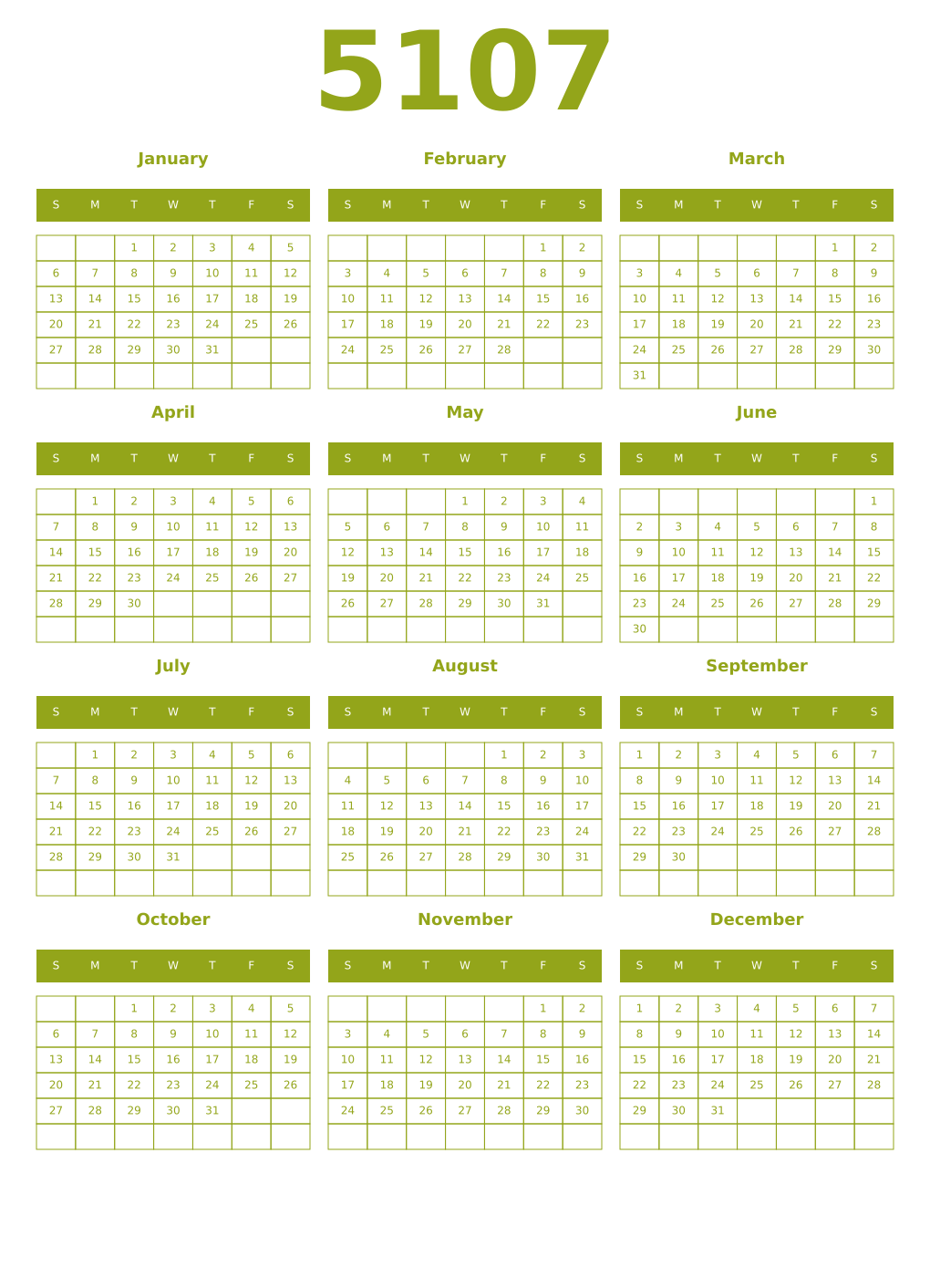 Printable 5107 Year Calendars chartreuse