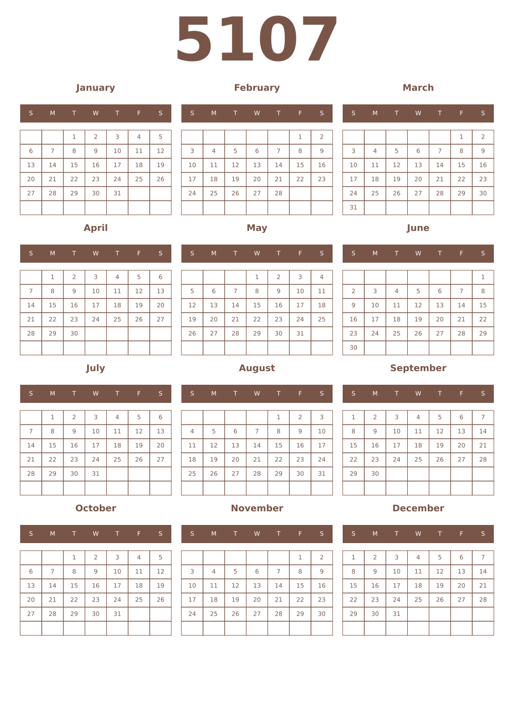 Printable 5107 Year Calendars coffe