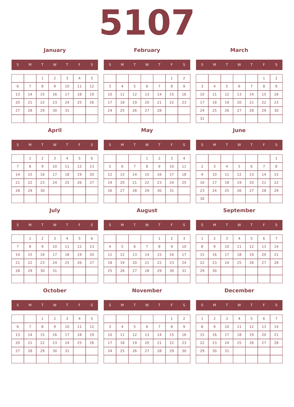 Printable 5107 Year Calendars cordovan