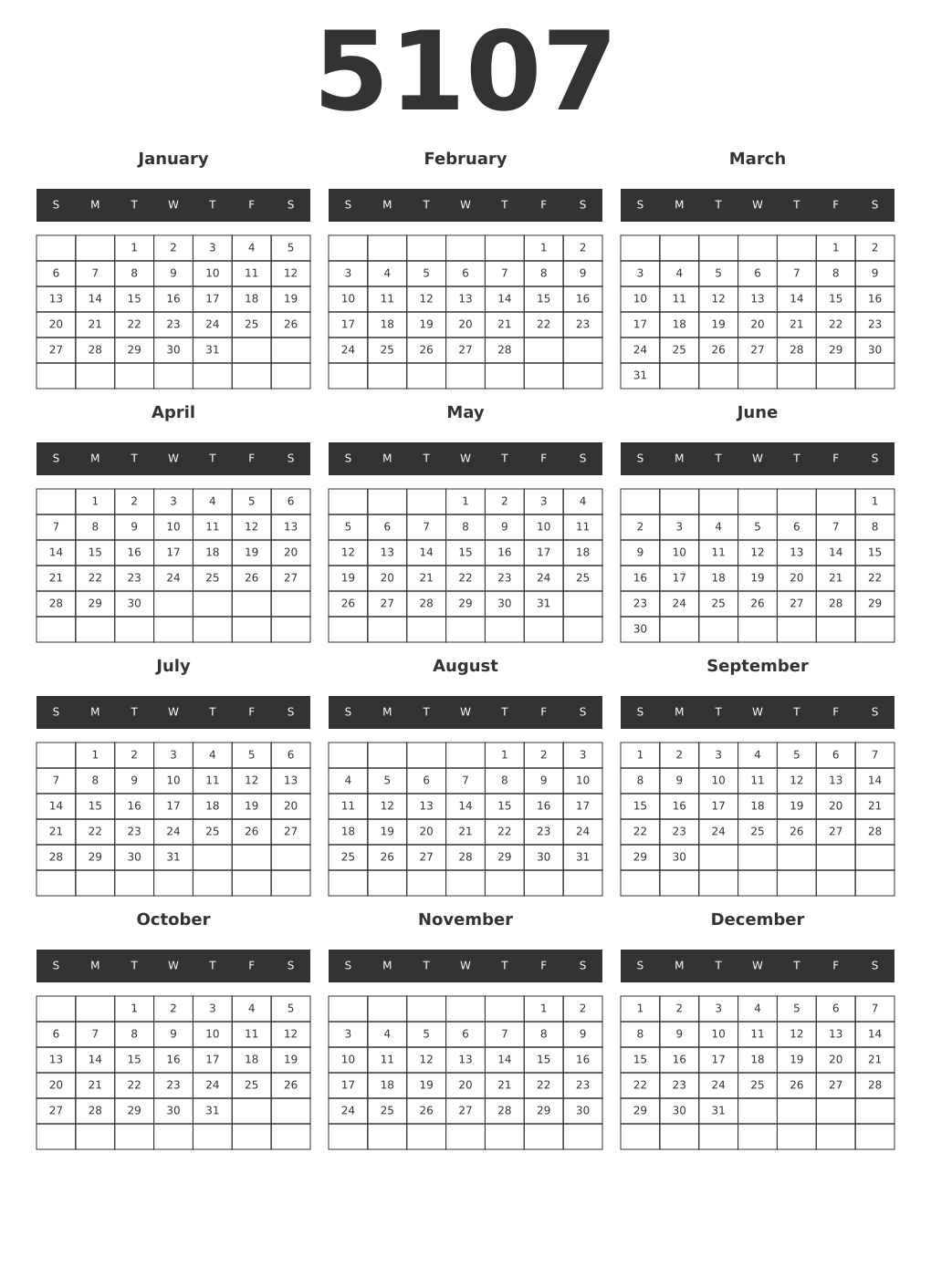 Printable 5107 Year Calendars dark
