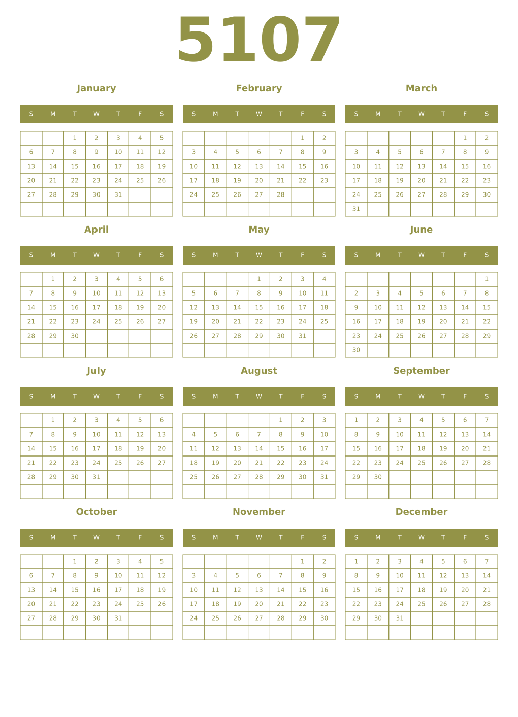 Printable 5107 Year Calendars eburnean