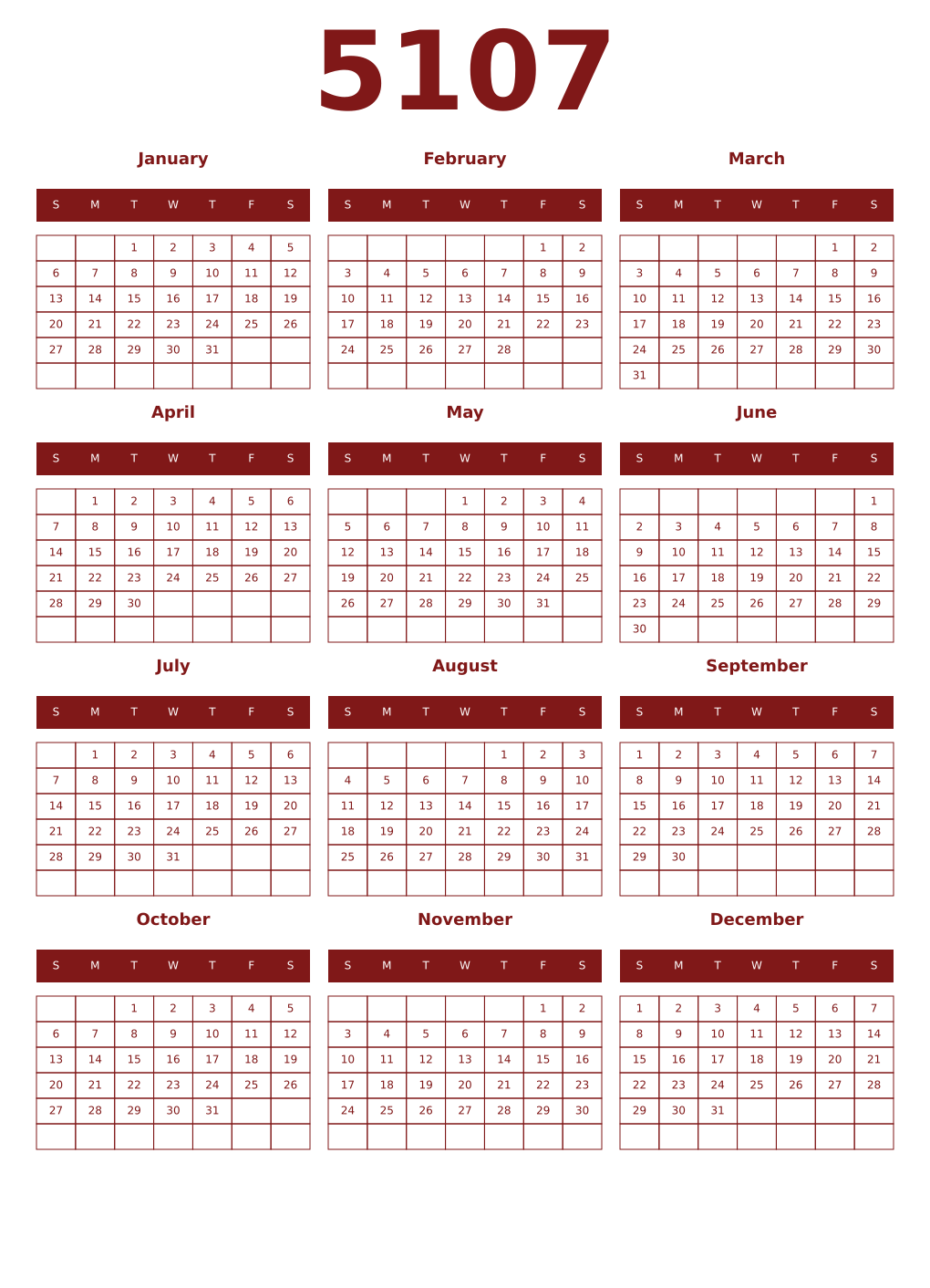 Printable 5107 Year Calendars falu