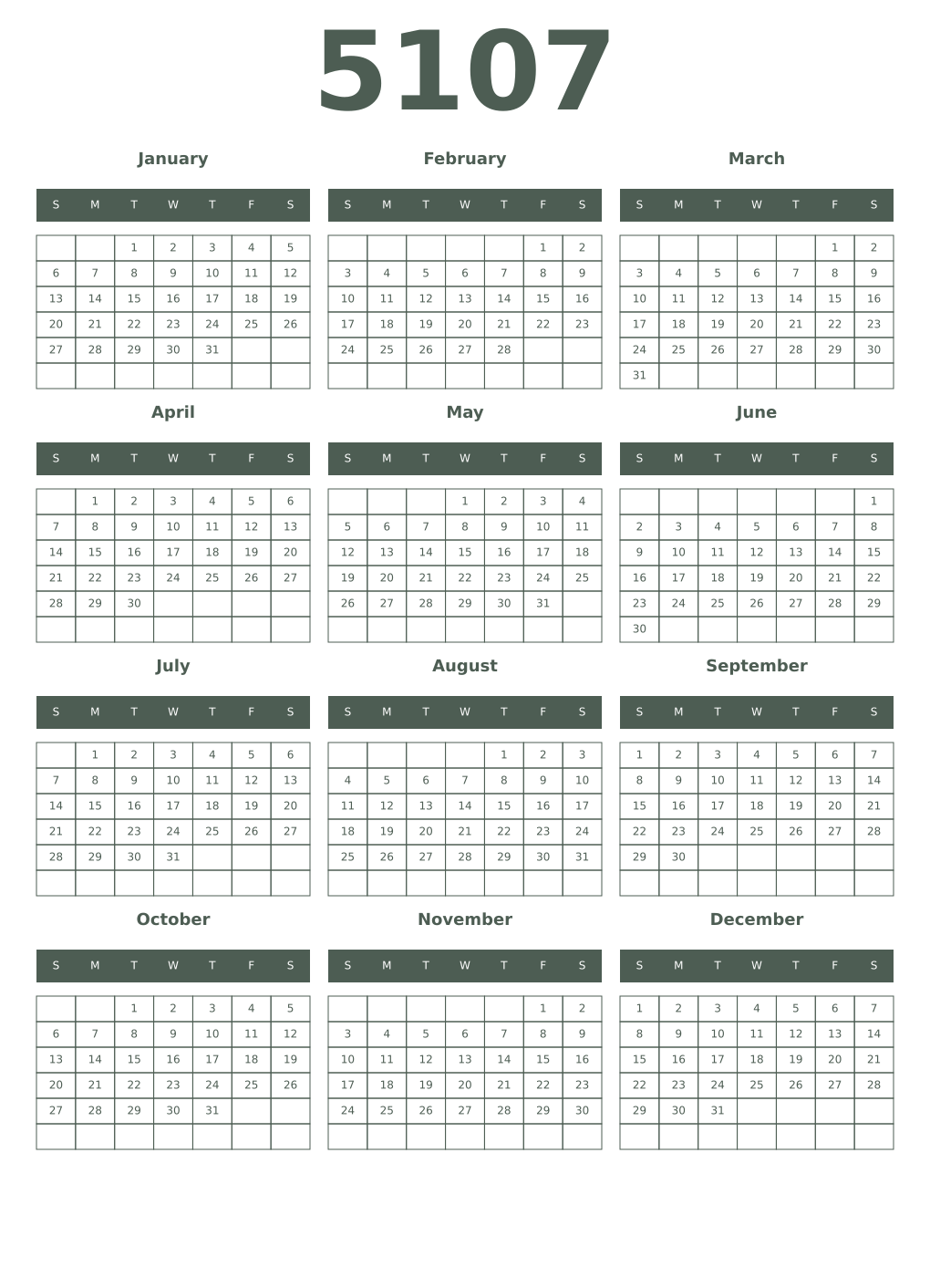 Printable 5107 Year Calendars feldgrau