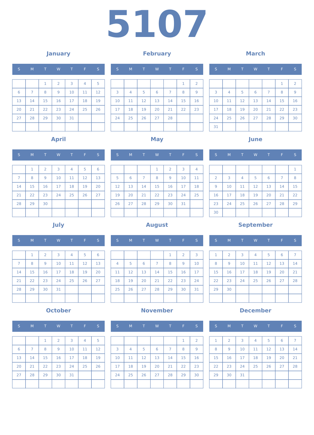 Printable 5107 Year Calendars glaucous