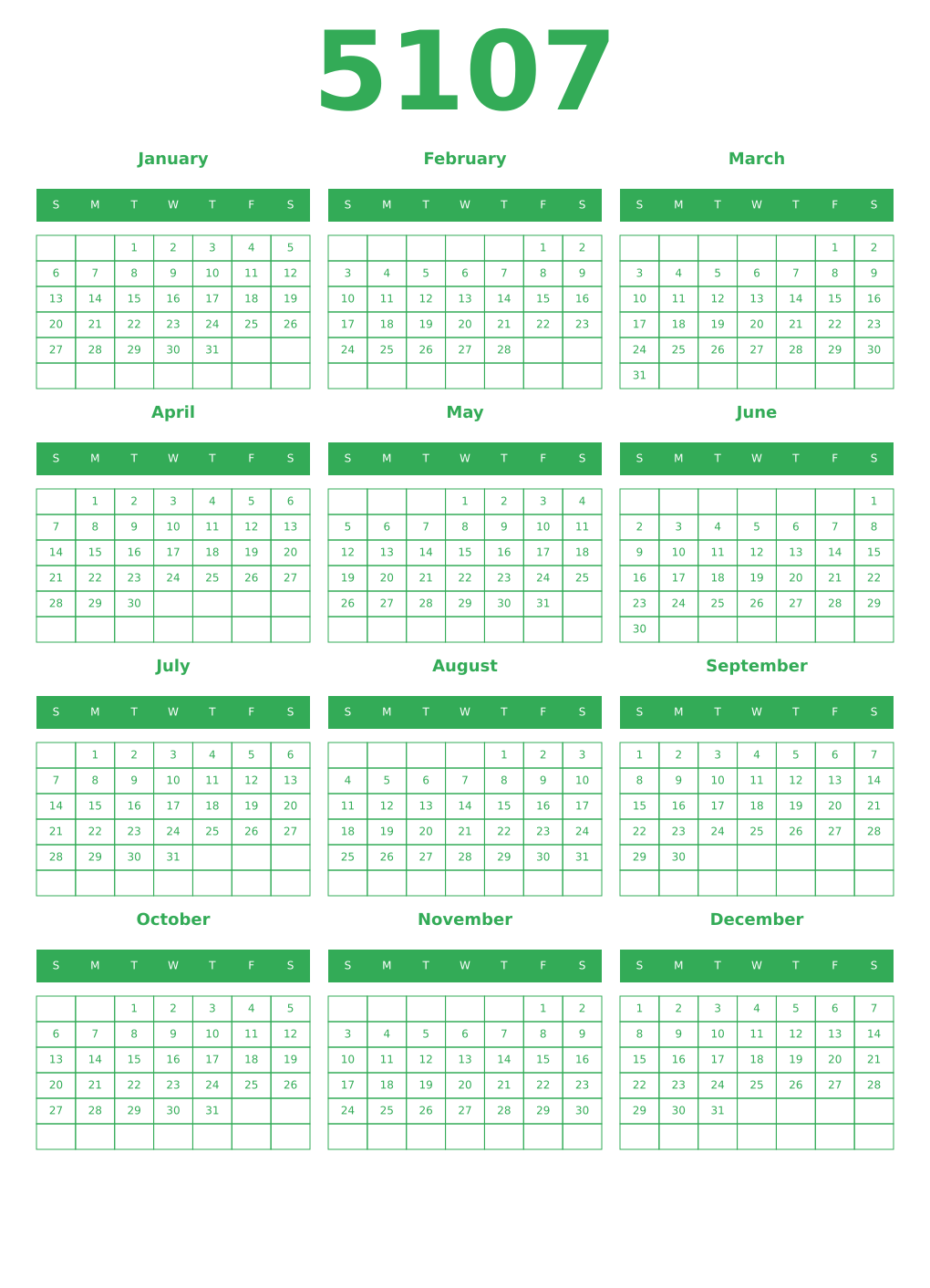 Printable 5107 Year Calendars green