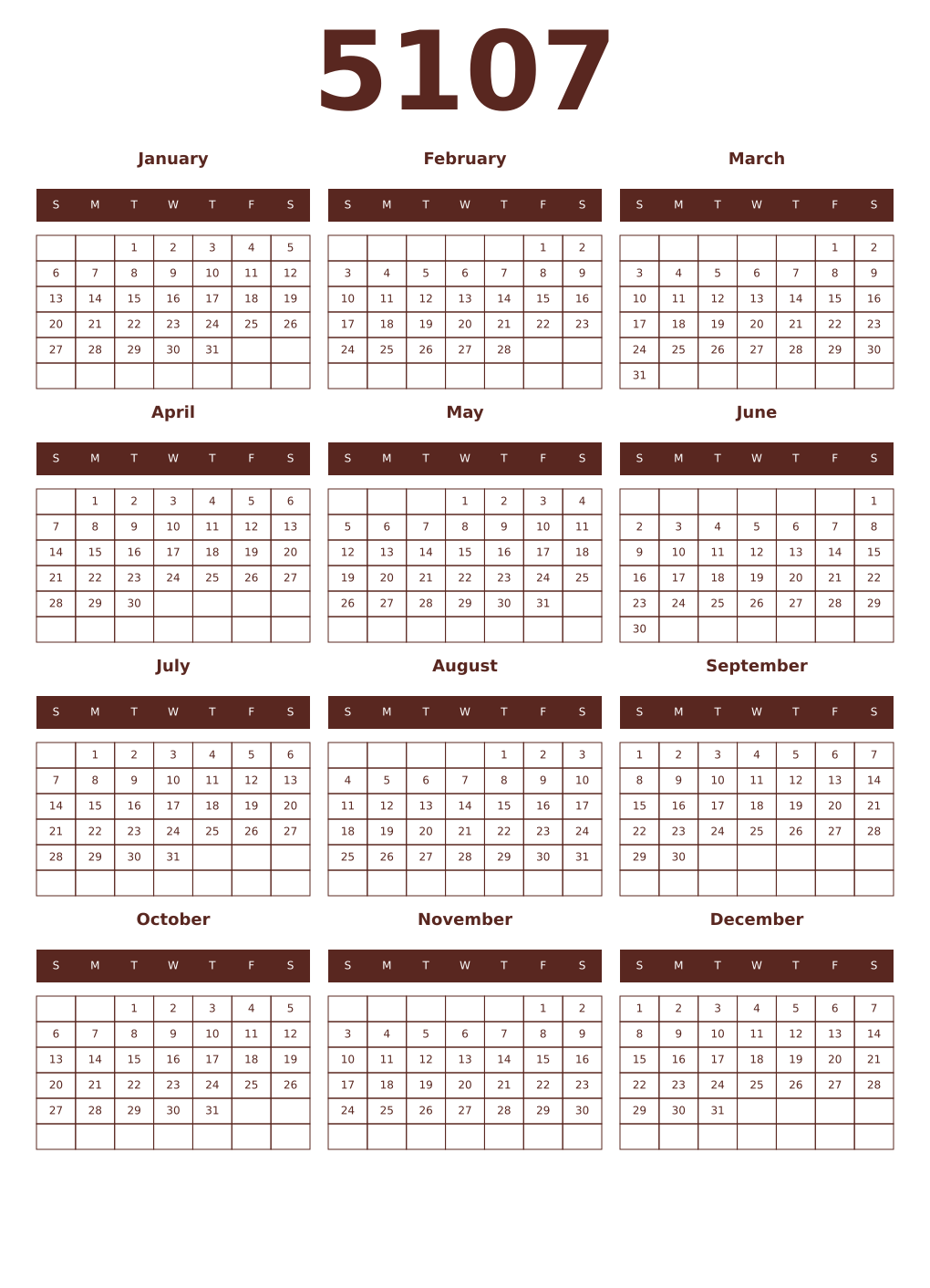 Printable 5107 Year Calendars mortuum