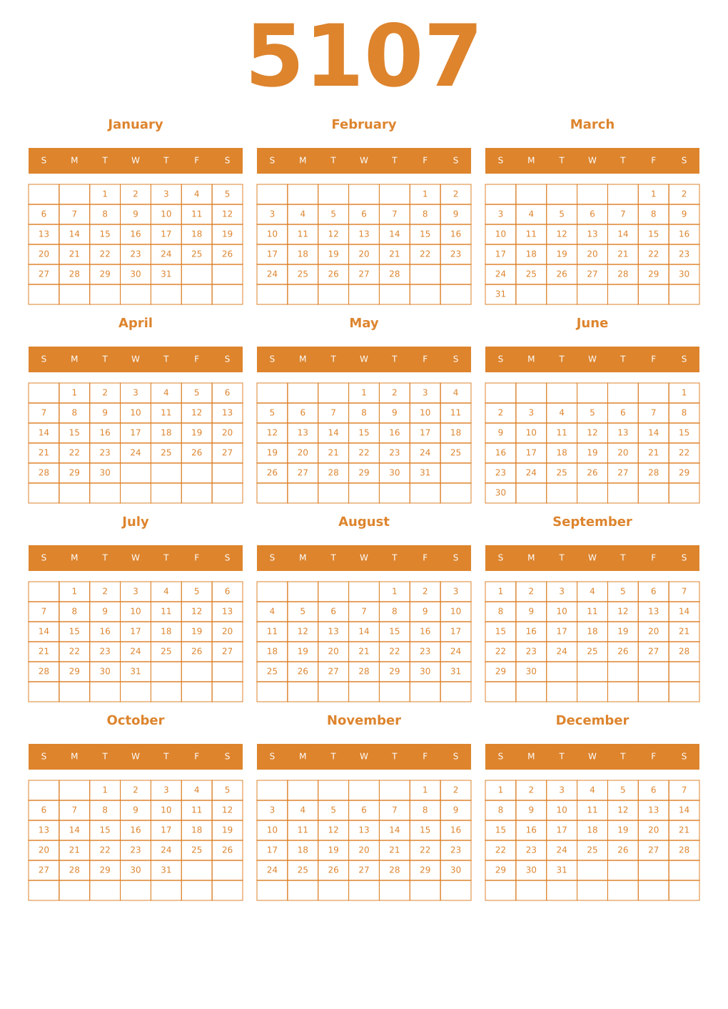 Printable 5107 Year Calendars orange