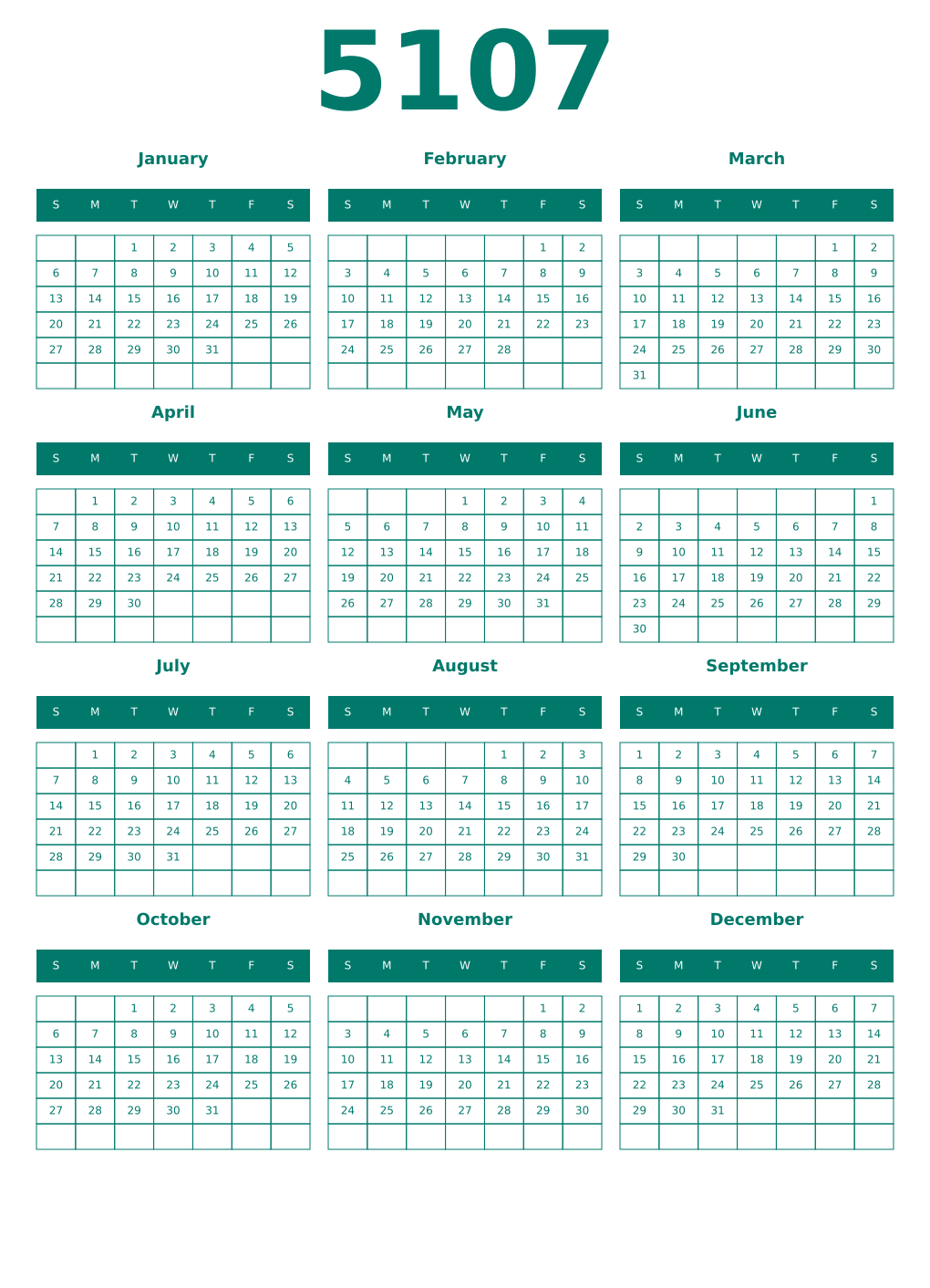 Printable 5107 Year Calendars pastel