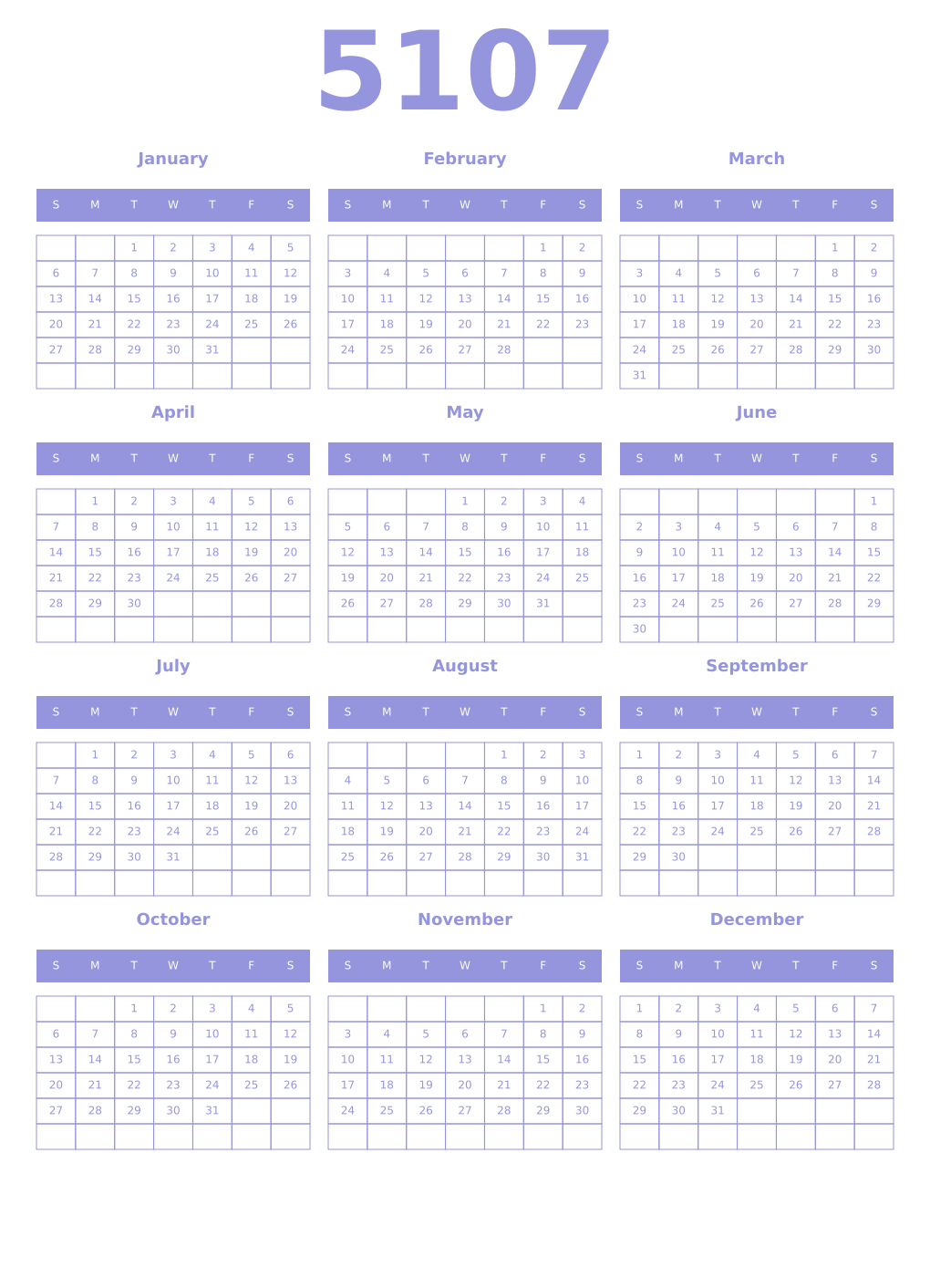 Printable 5107 Year Calendars periwinkle