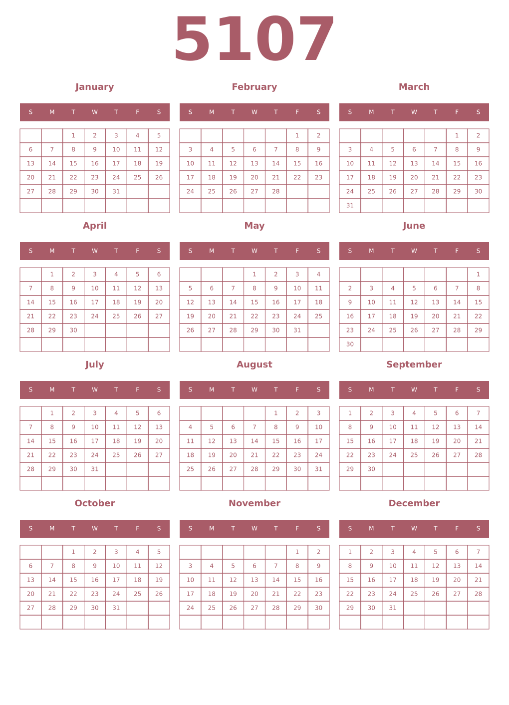 Printable 5107 Year Calendars puce