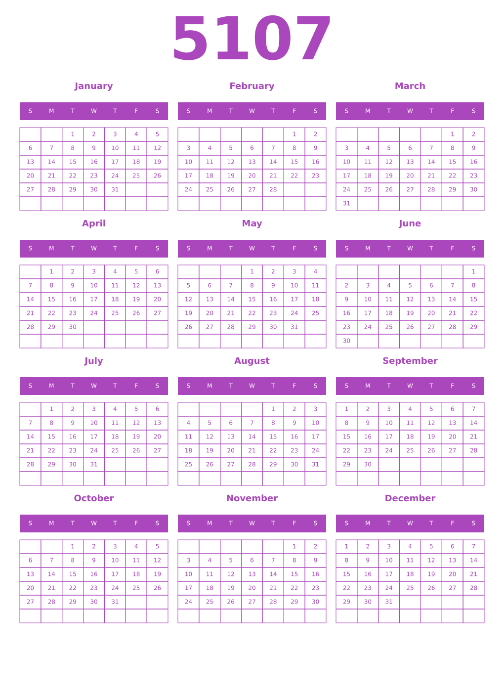 Printable 5107 Year Calendars purple