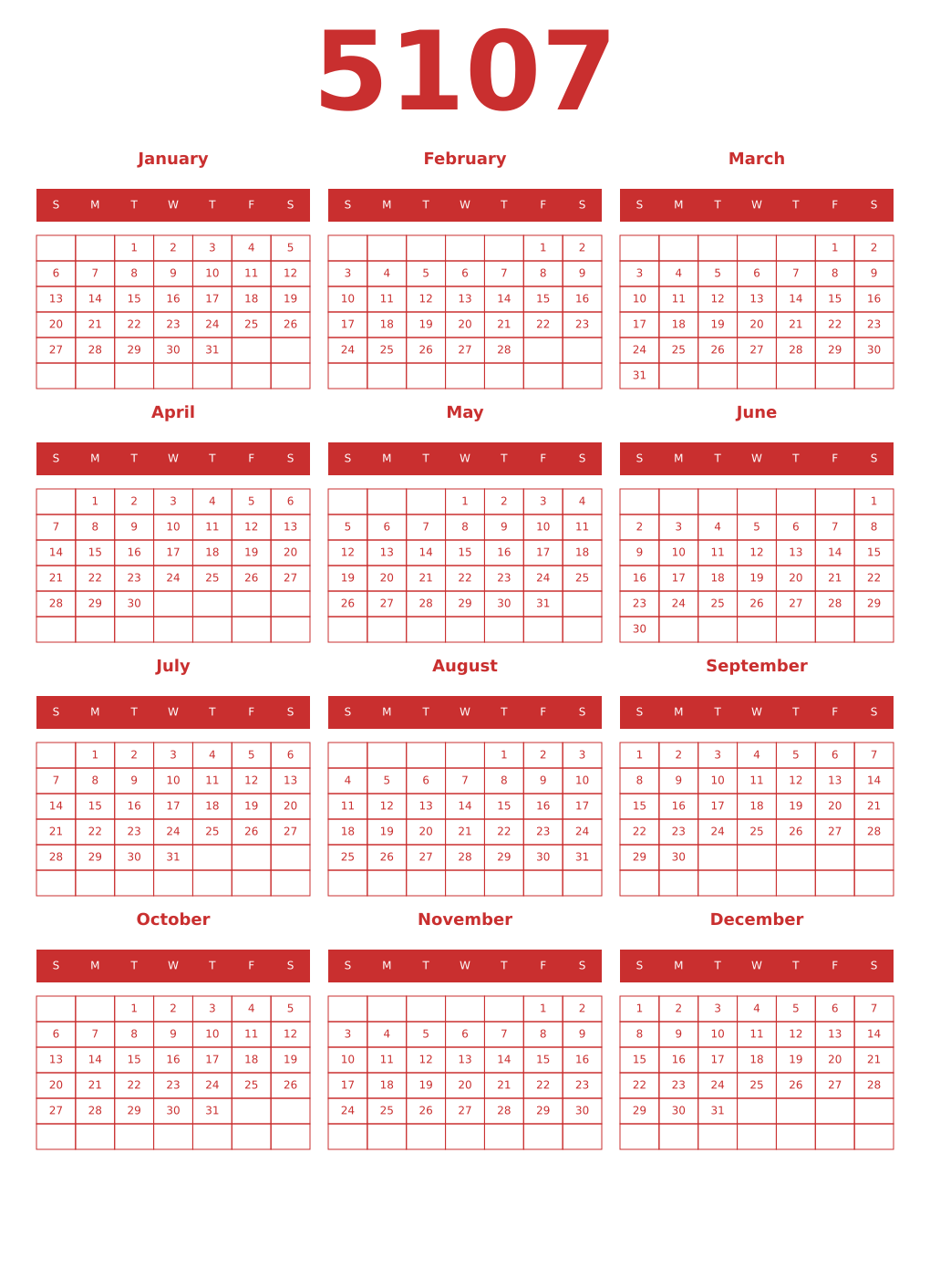 Printable 5107 Year Calendars red